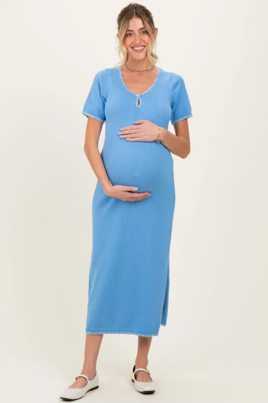 Blue Knit Contrast Stitch Detail Maternity Midi Dress made by Wishlist