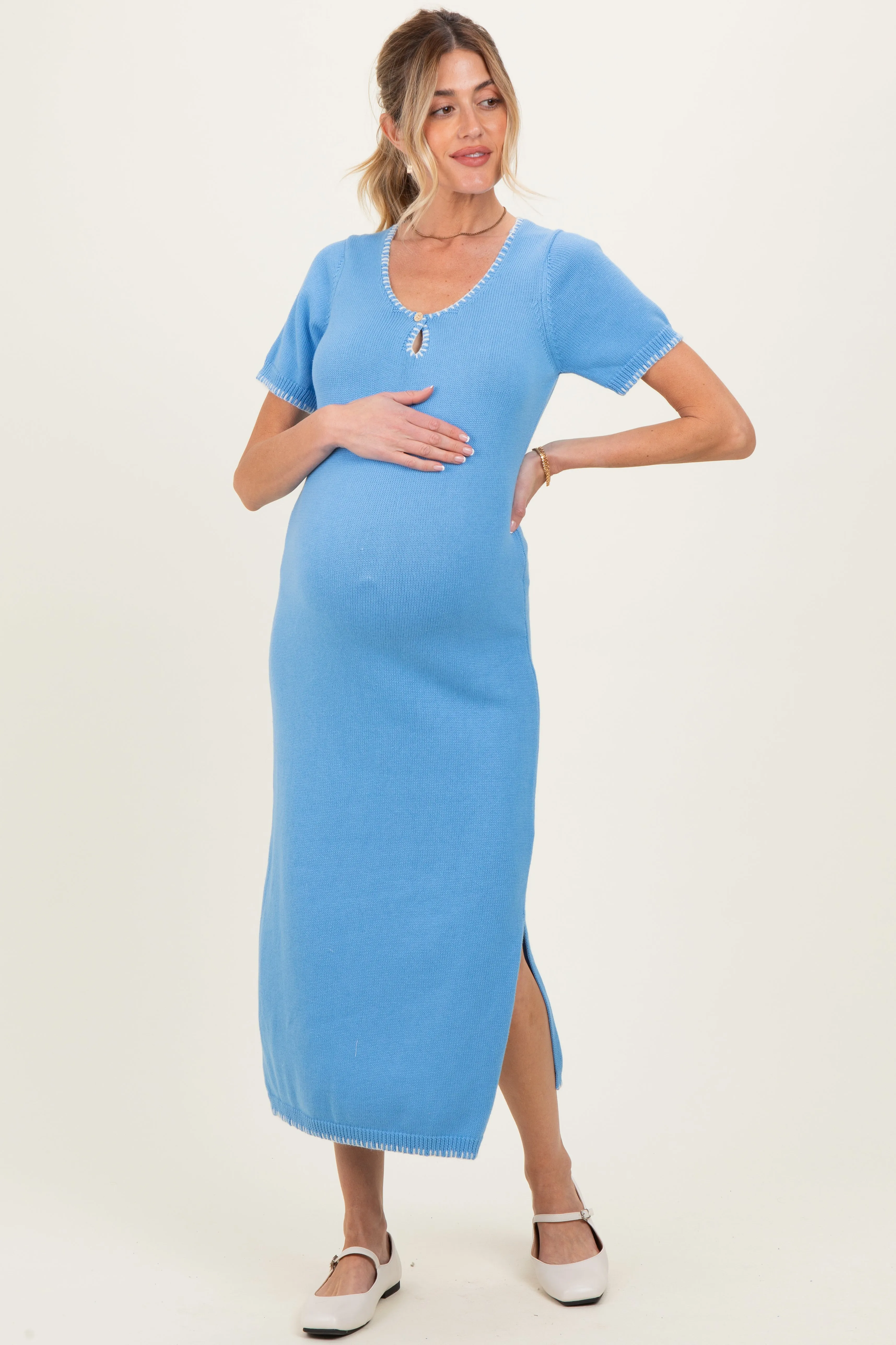 Blue Knit Contrast Stitch Detail Maternity Midi Dress sold by Pinkblush product image thumbnail 2