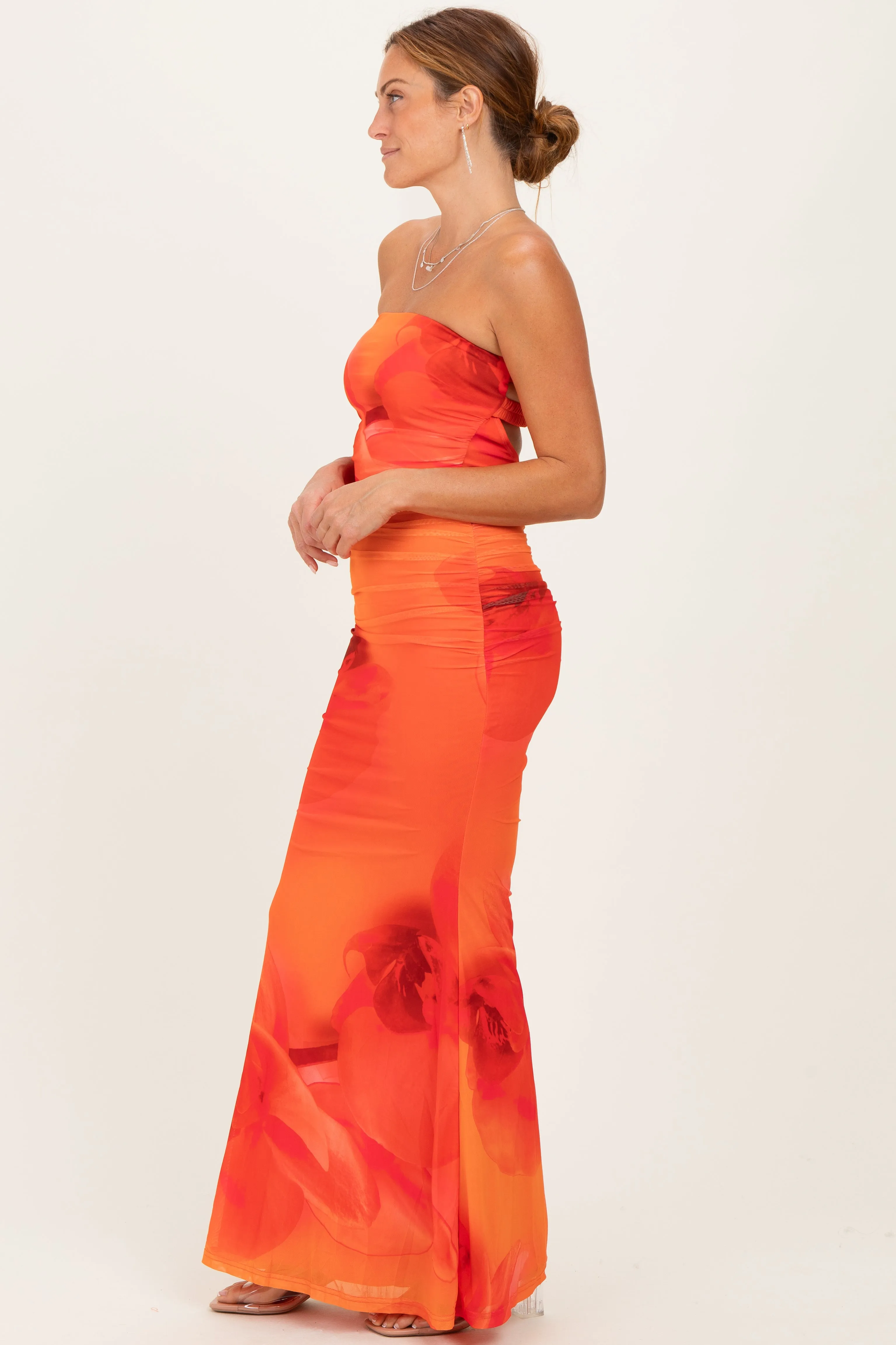 Orange Floral Strapless Cutout Back Maxi Dress sold by Pinkblush product image thumbnail 2