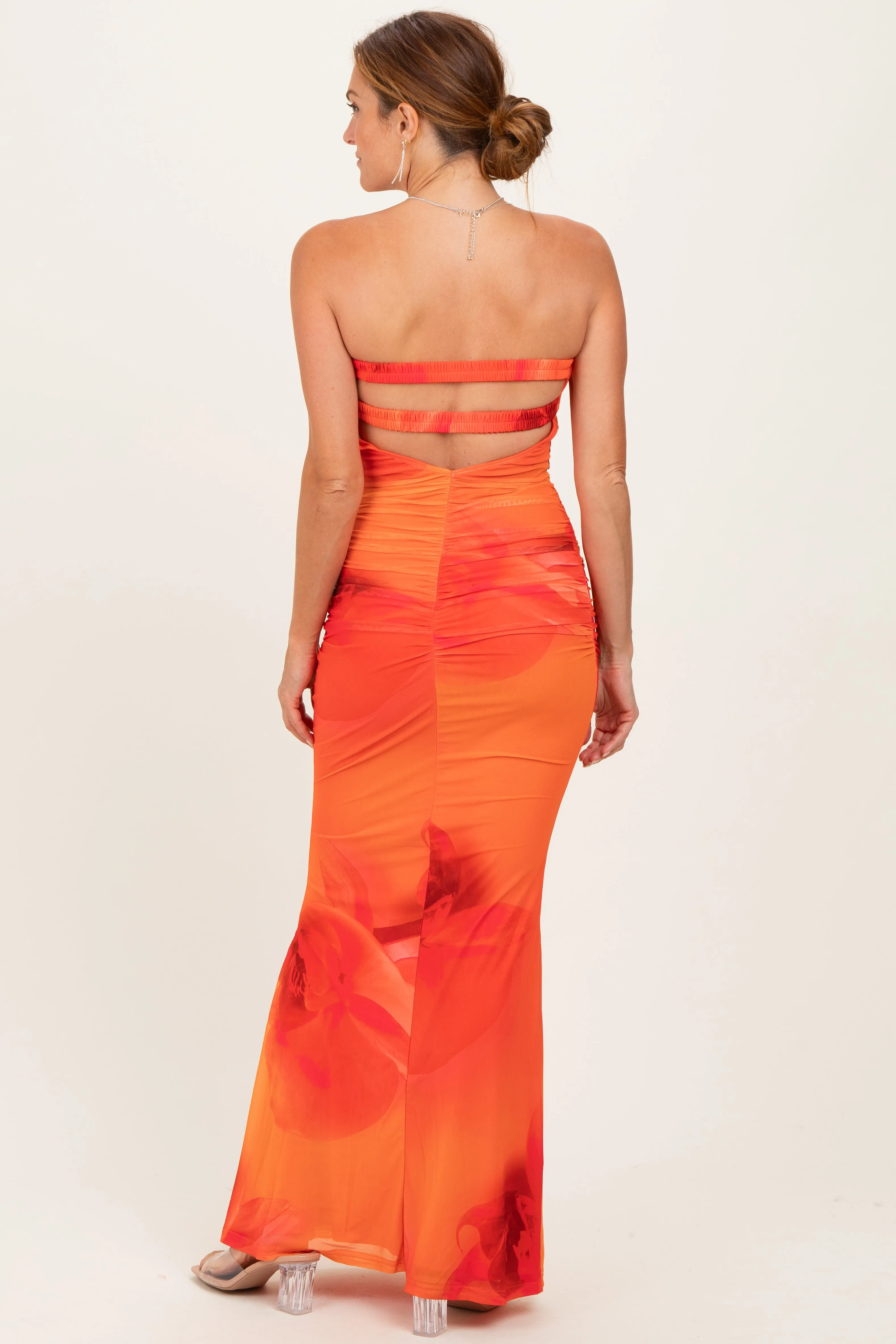 Orange Floral Strapless Cutout Back Maxi Dress sold by Pinkblush product image thumbnail 3