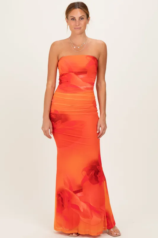 Orange Floral Strapless Cutout Back Maxi Dress sold by Pinkblush