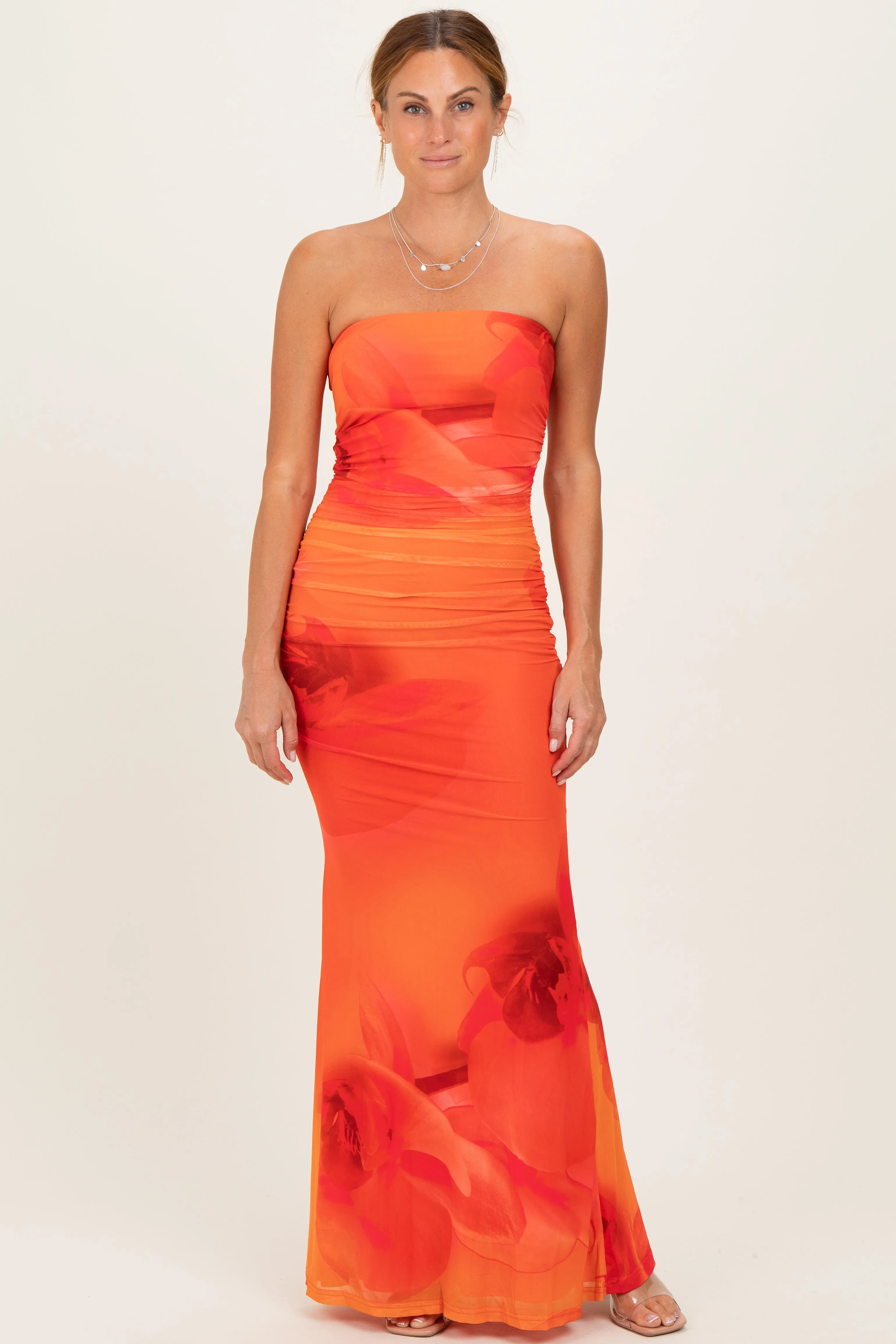 Orange Floral Strapless Cutout Back Maxi Dress sold by Pinkblush