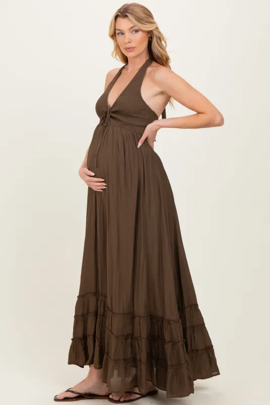 Brown Halter Neck Smocked Maternity Maxi Dress made by Pinkblush