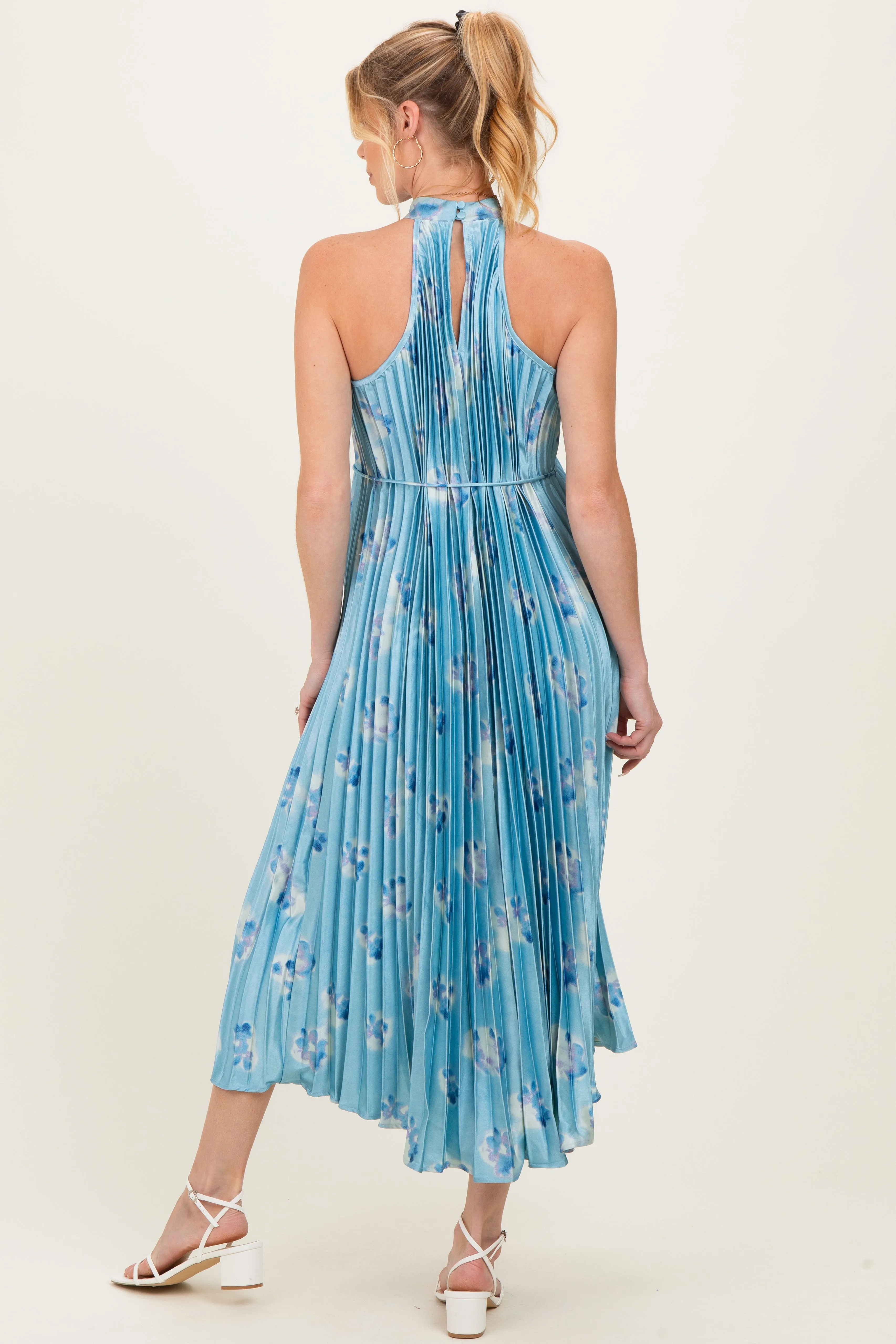 Light Blue Floral Pleated Halter Maternity Midi Dress sold by Pinkblush product image thumbnail 2