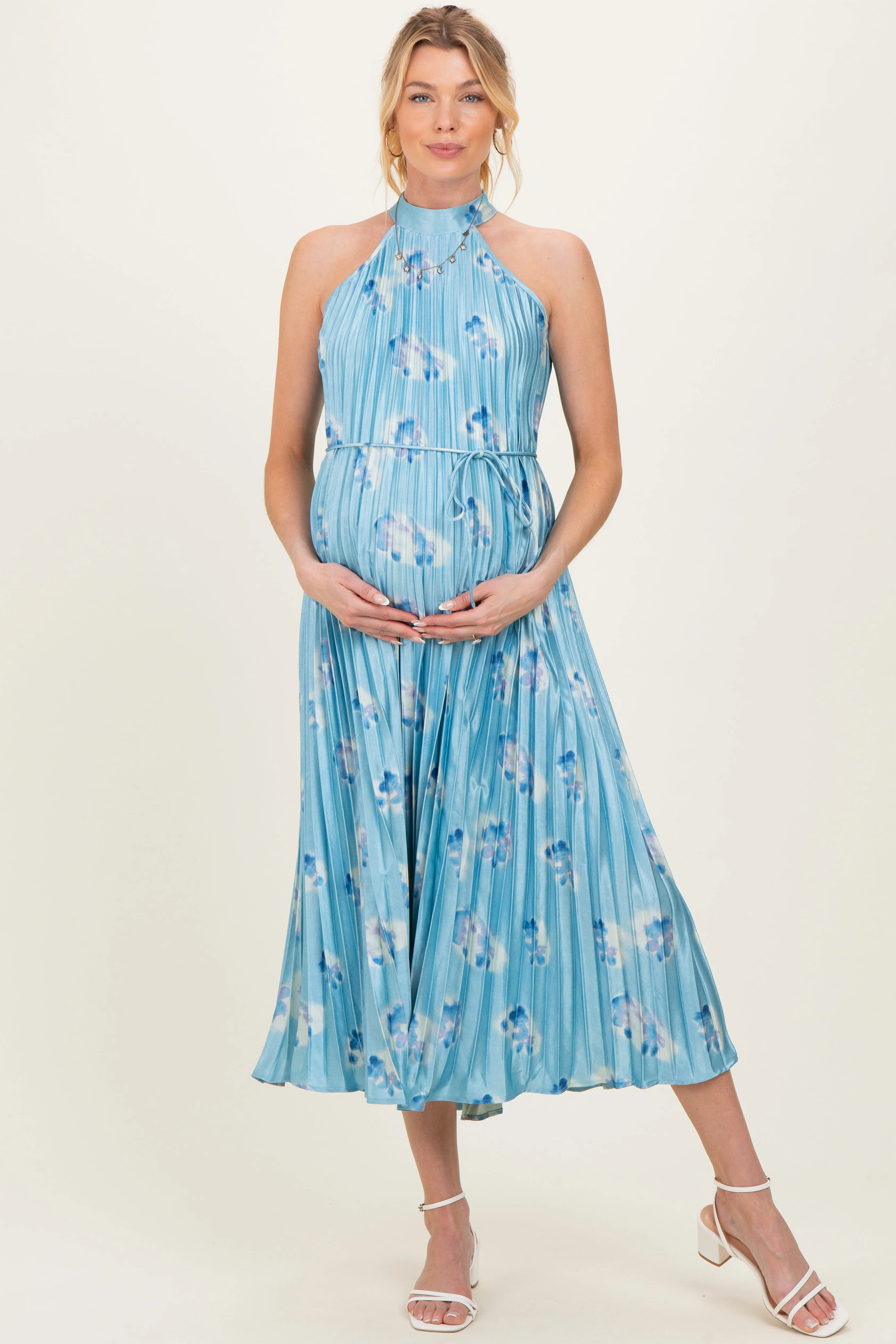 Light Blue Floral Pleated Halter Maternity Midi Dress sold by Pinkblush
