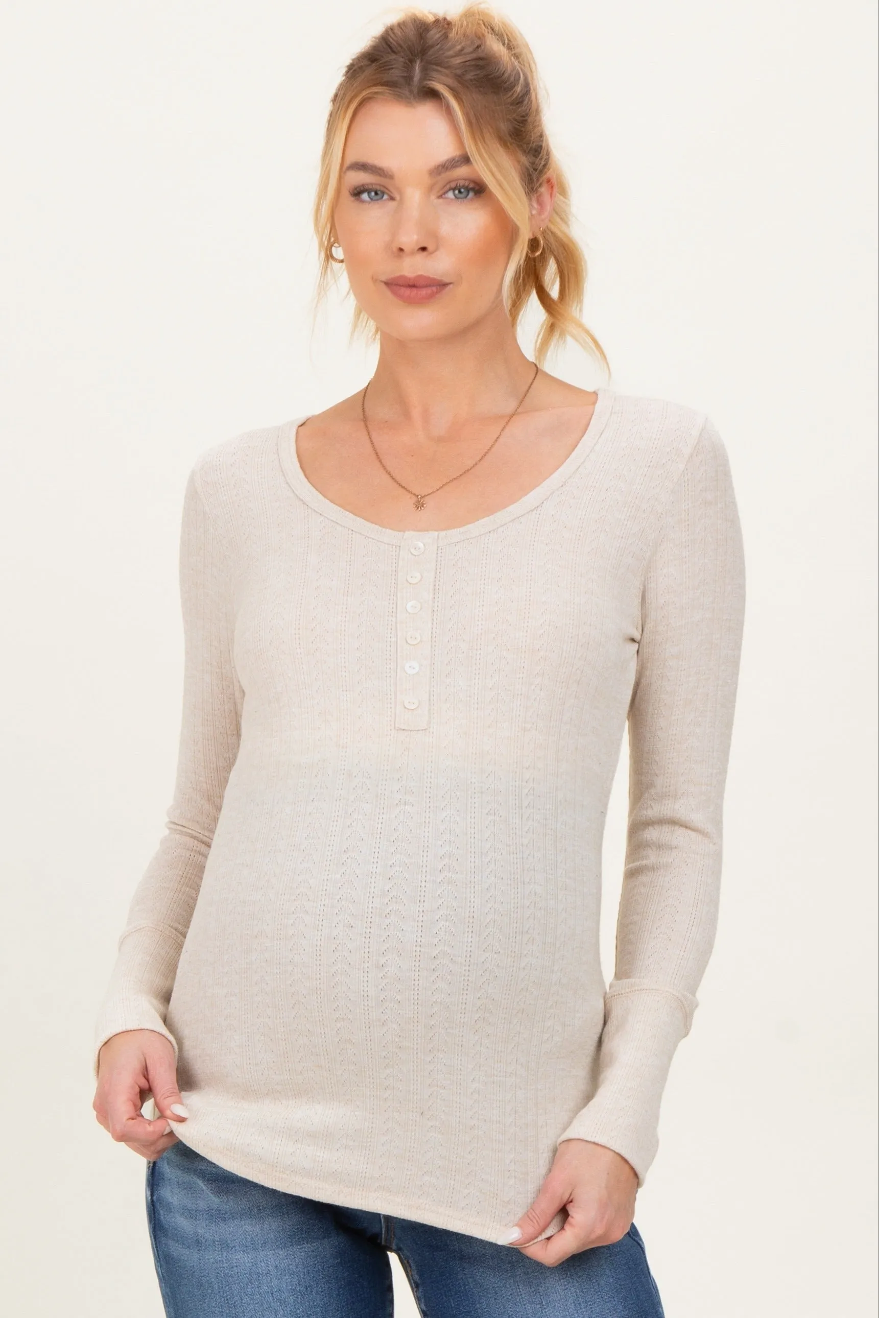 Oatmeal Pointelle Knit Maternity Henley Top sold by Pinkblush