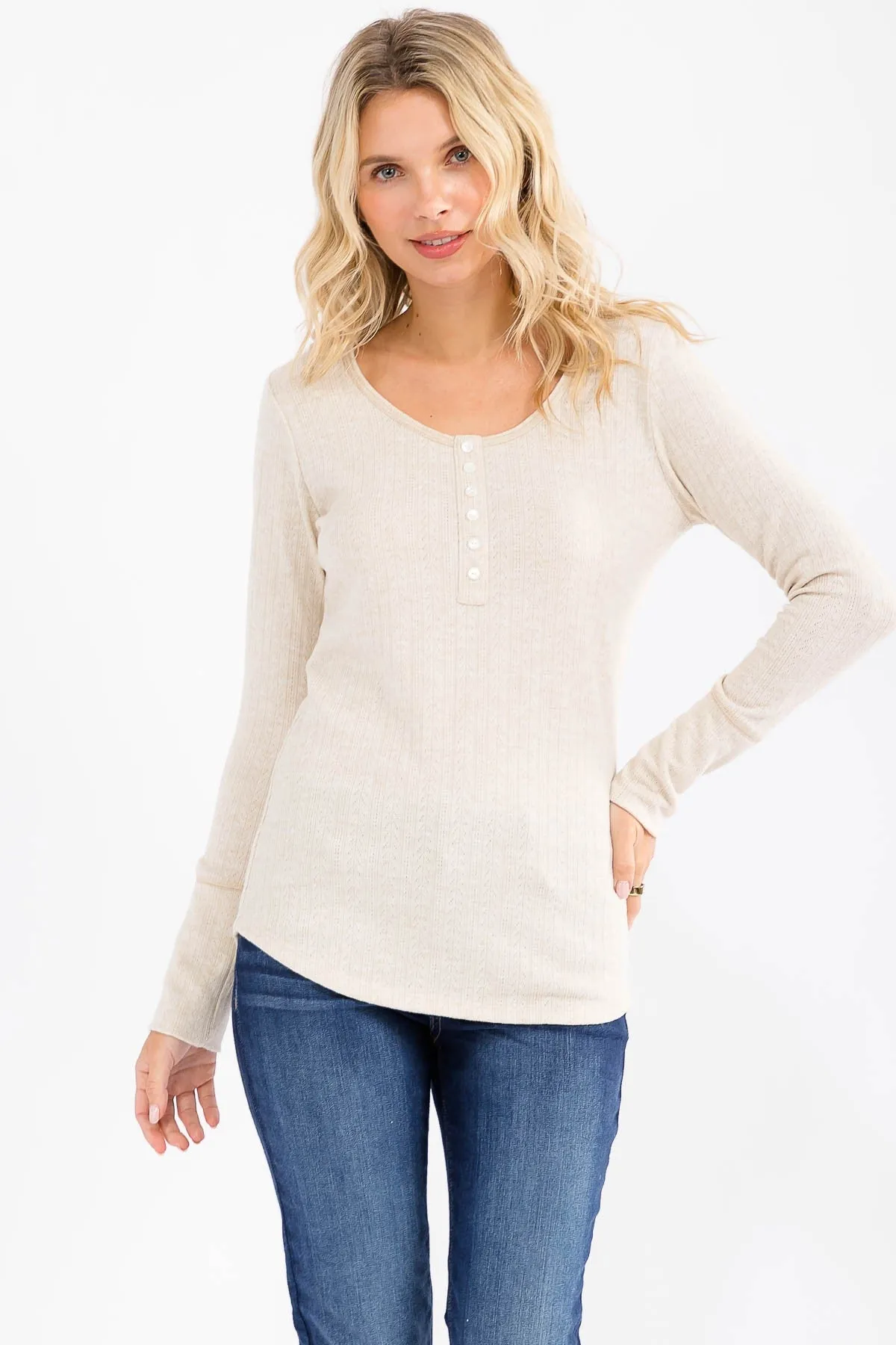 Oatmeal Pointelle Knit Maternity Henley Top sold by Pinkblush product image thumbnail 5