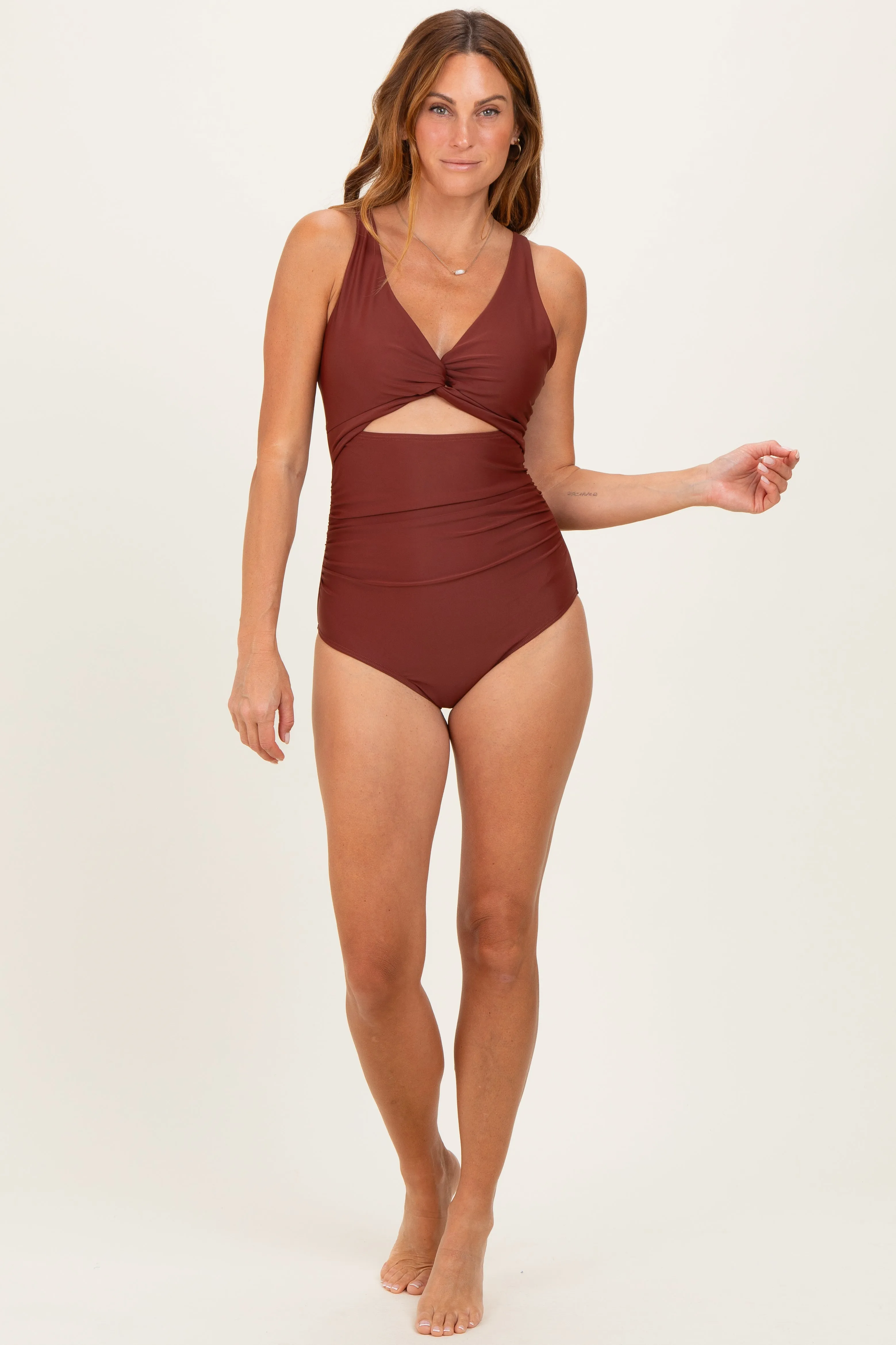 Brown Ruched Sides Front Cutout One Piece Swimsuit sold by Pinkblush