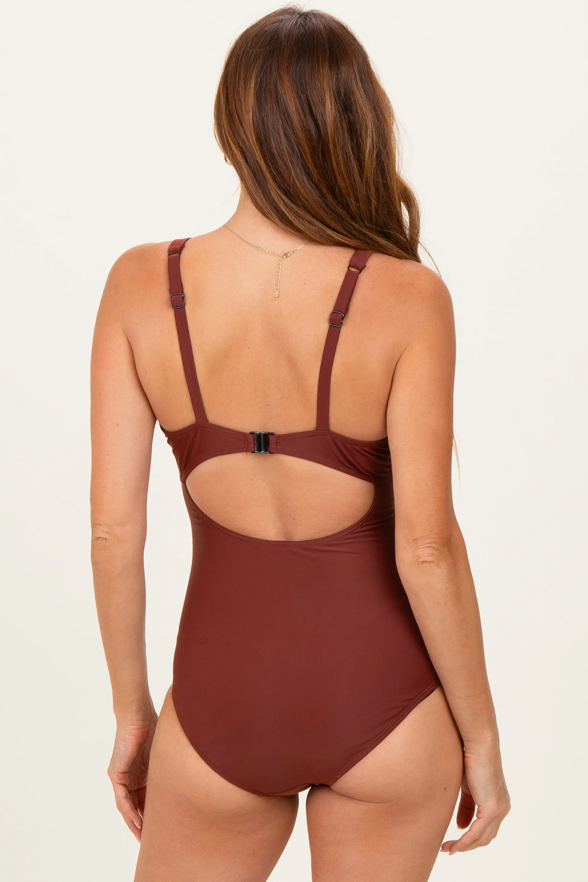 Brown Ruched Sides Front Cutout One Piece Swimsuit sold by Pinkblush product image thumbnail 3