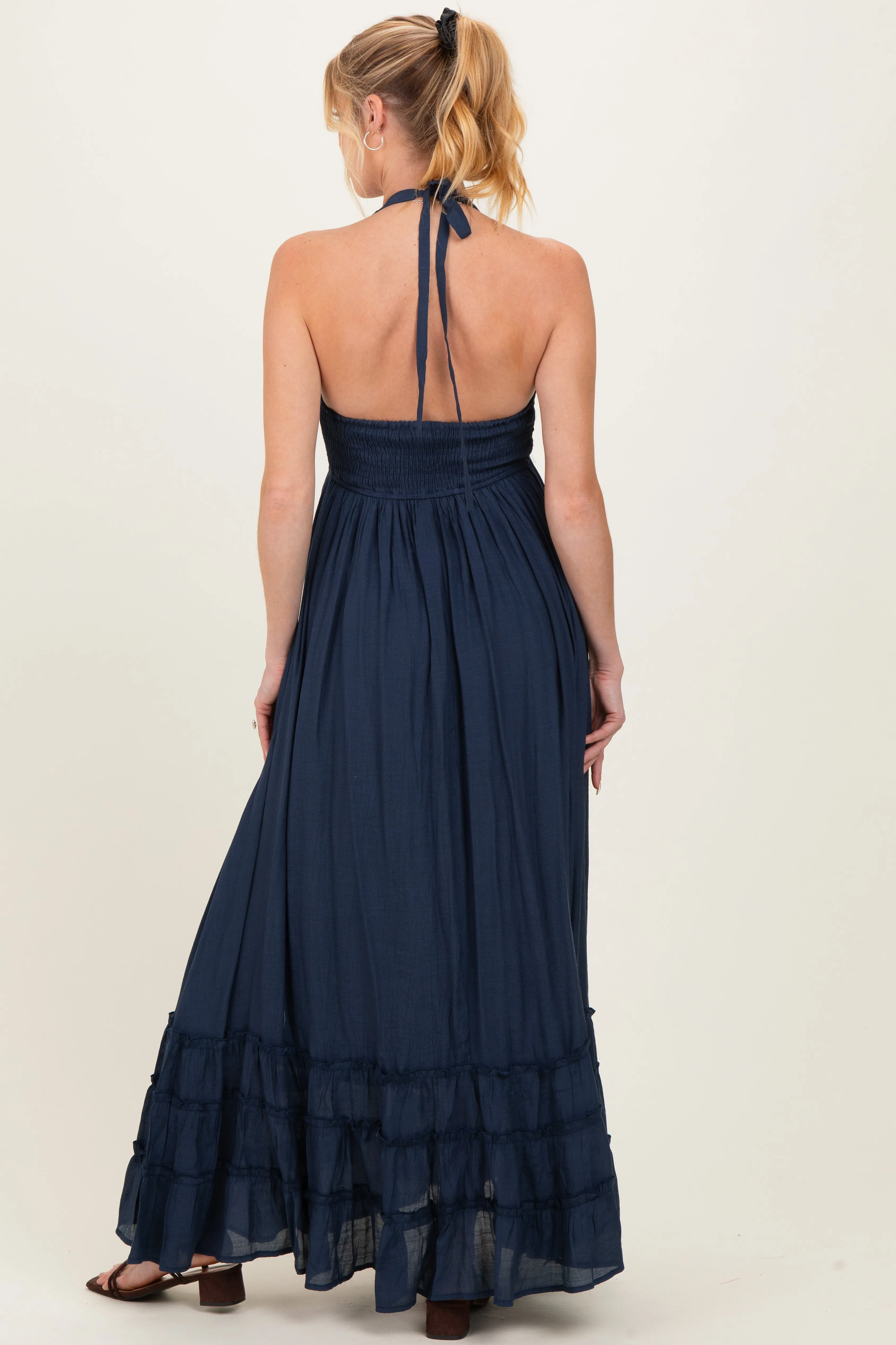 Navy Halter Neck Smocked Maternity Maxi Dress sold by Pinkblush product image thumbnail 3