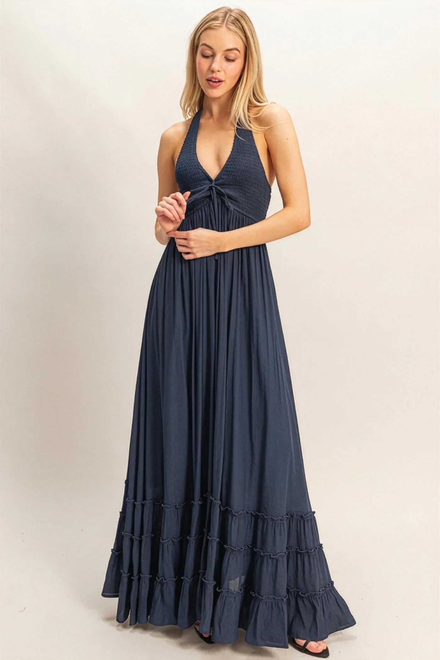 Navy Halter Neck Smocked Maternity Maxi Dress sold by Pinkblush product image thumbnail 4