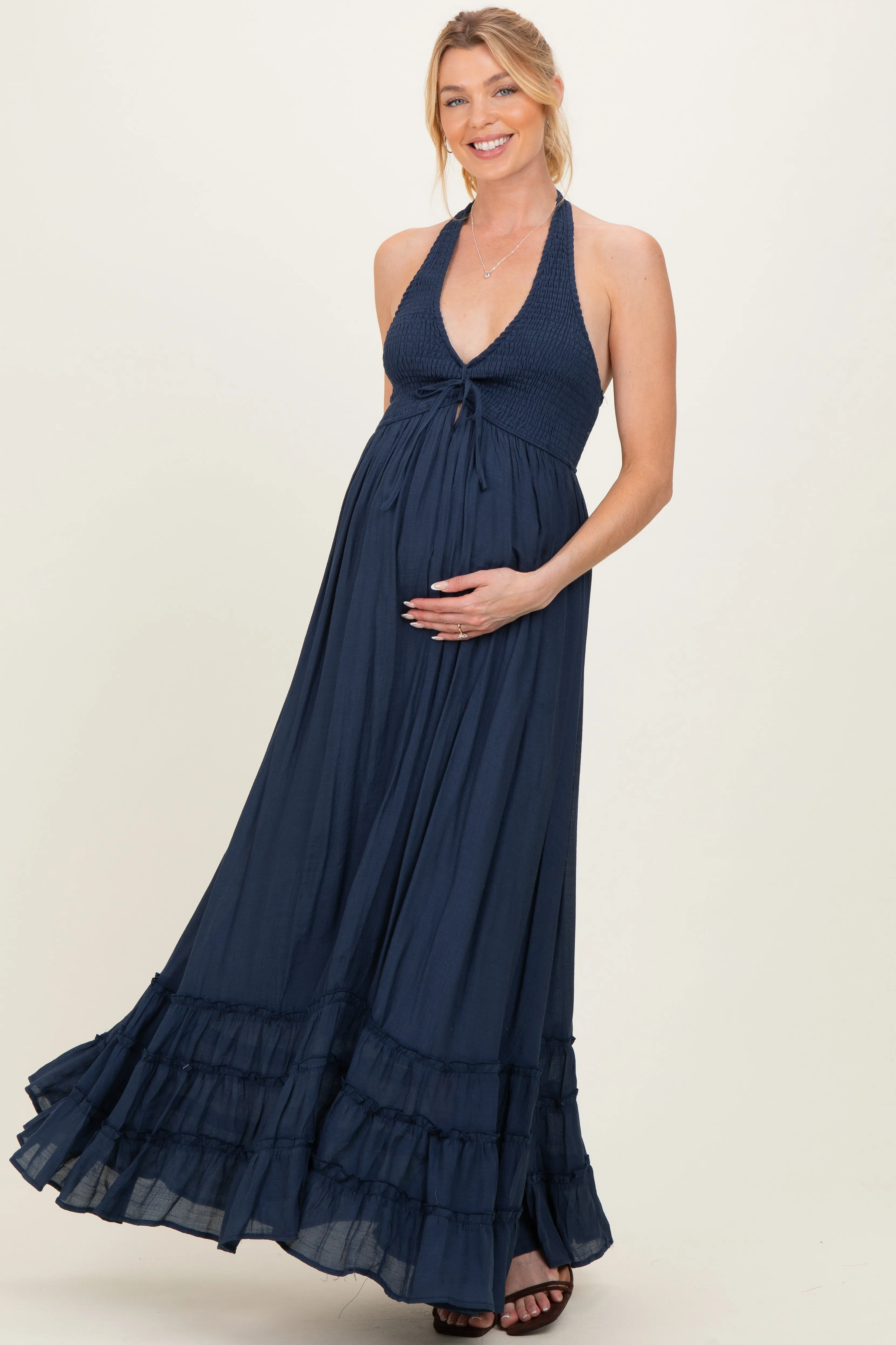 Navy Halter Neck Smocked Maternity Maxi Dress sold by Pinkblush