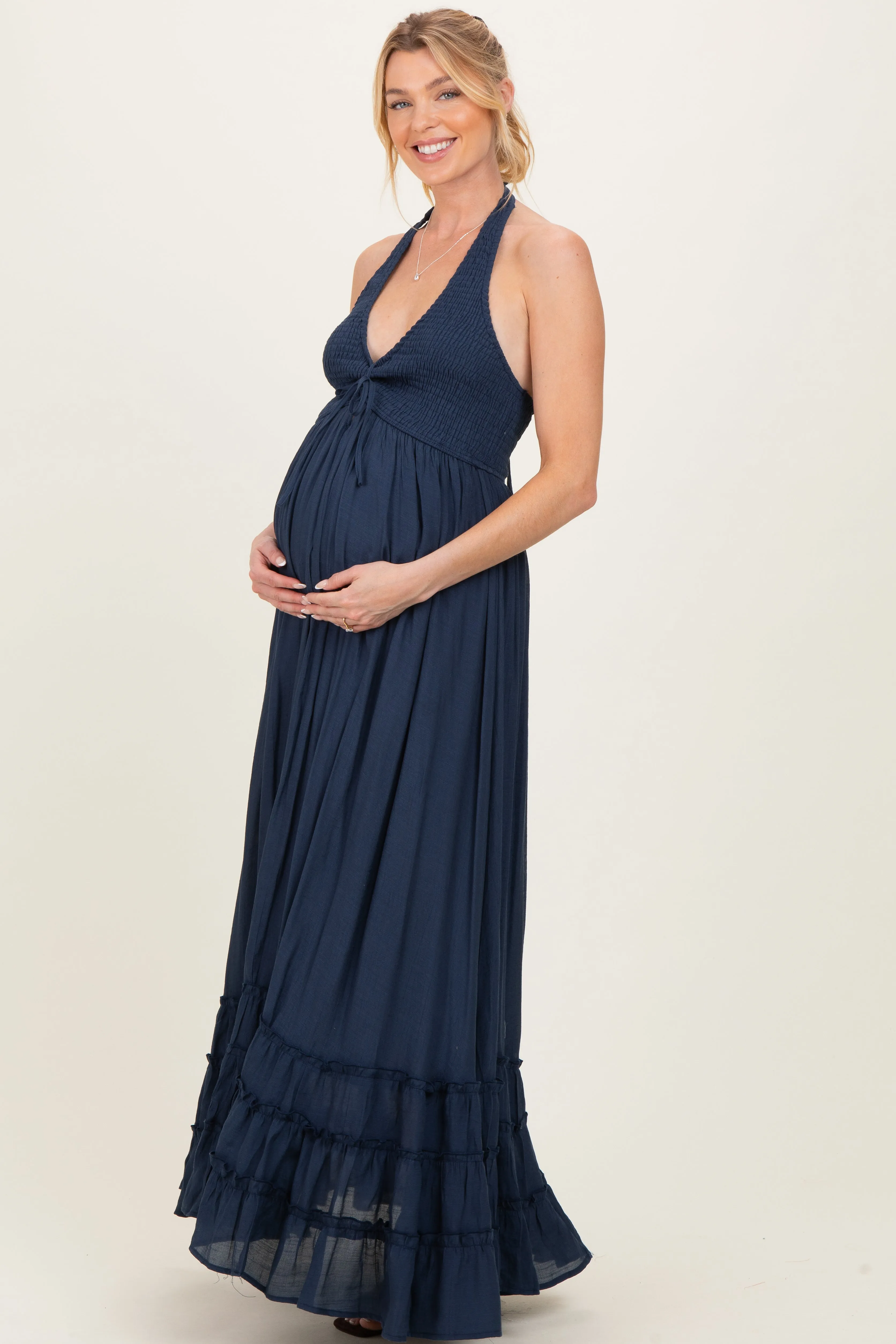 Navy Halter Neck Smocked Maternity Maxi Dress sold by Pinkblush product image thumbnail 2