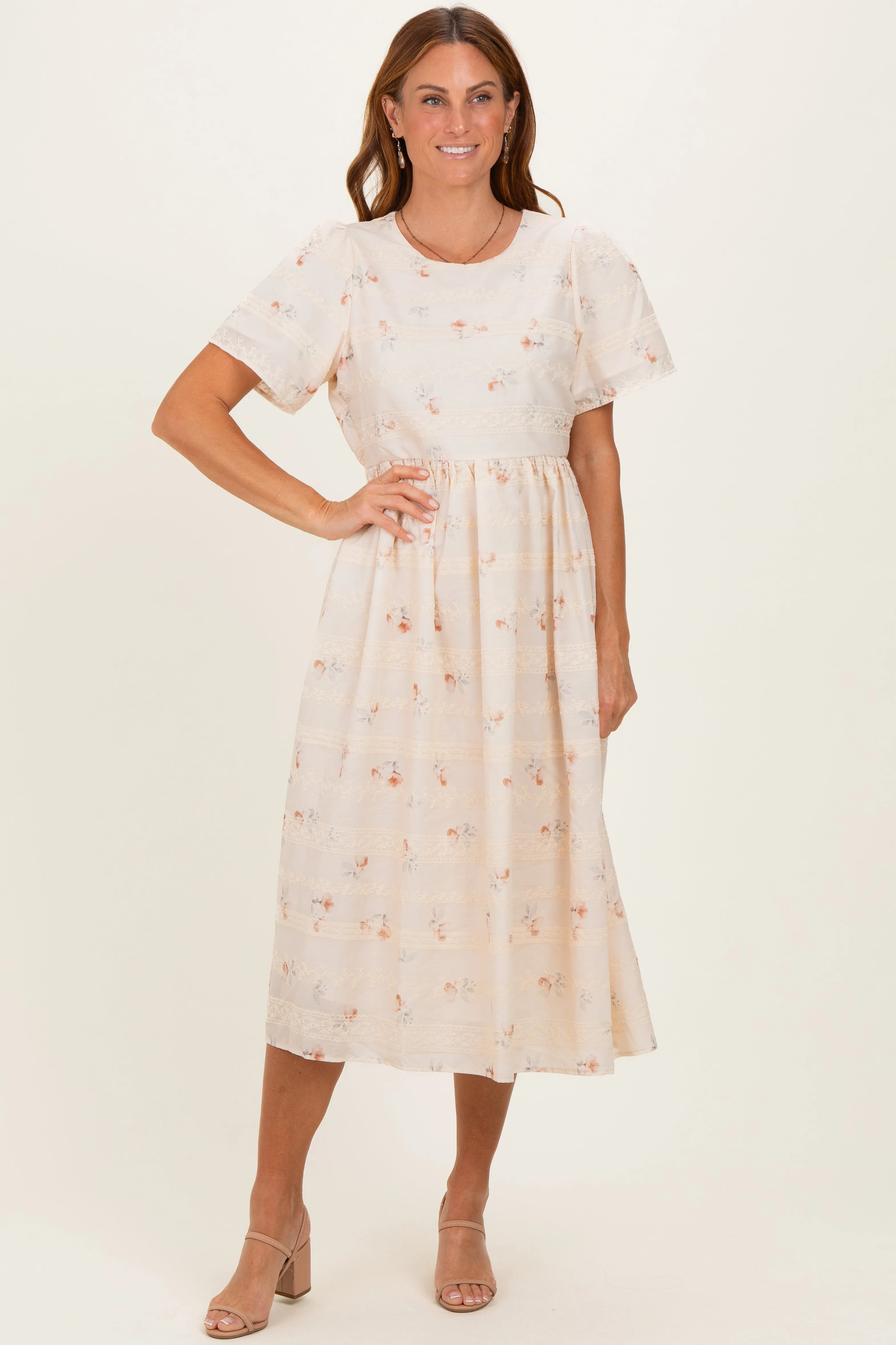 Beige Floral Embroidered Short Sleeve Midi Dress sold by Pinkblush product image thumbnail 2