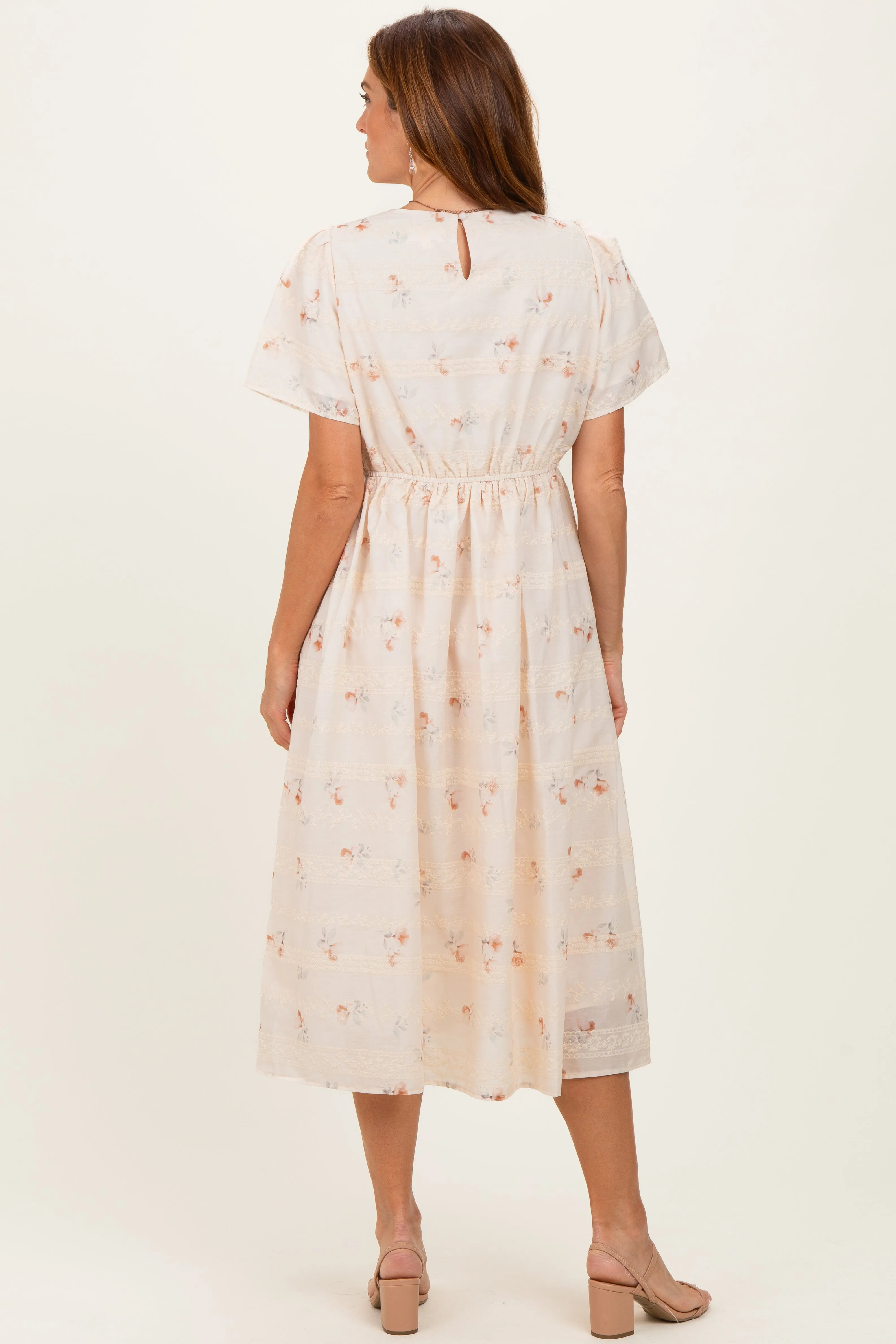 Beige Floral Embroidered Short Sleeve Midi Dress sold by Pinkblush product image thumbnail 3