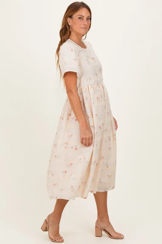 Beige Floral Embroidered Short Sleeve Midi Dress sold by Pinkblush