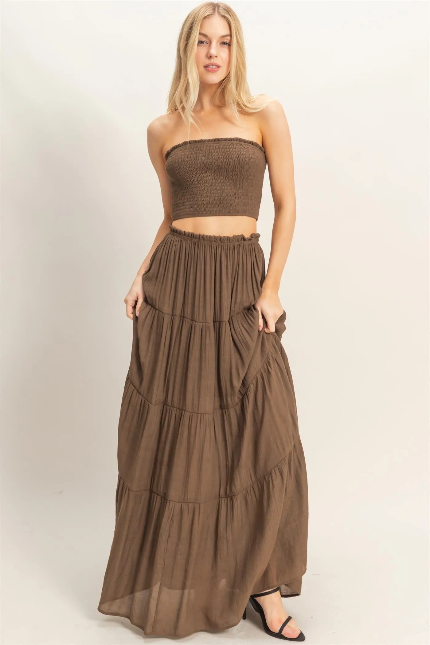 Chocolate Smocked Tube Top Tiered Skirt Maternity Set sold by Pinkblush product image thumbnail 4