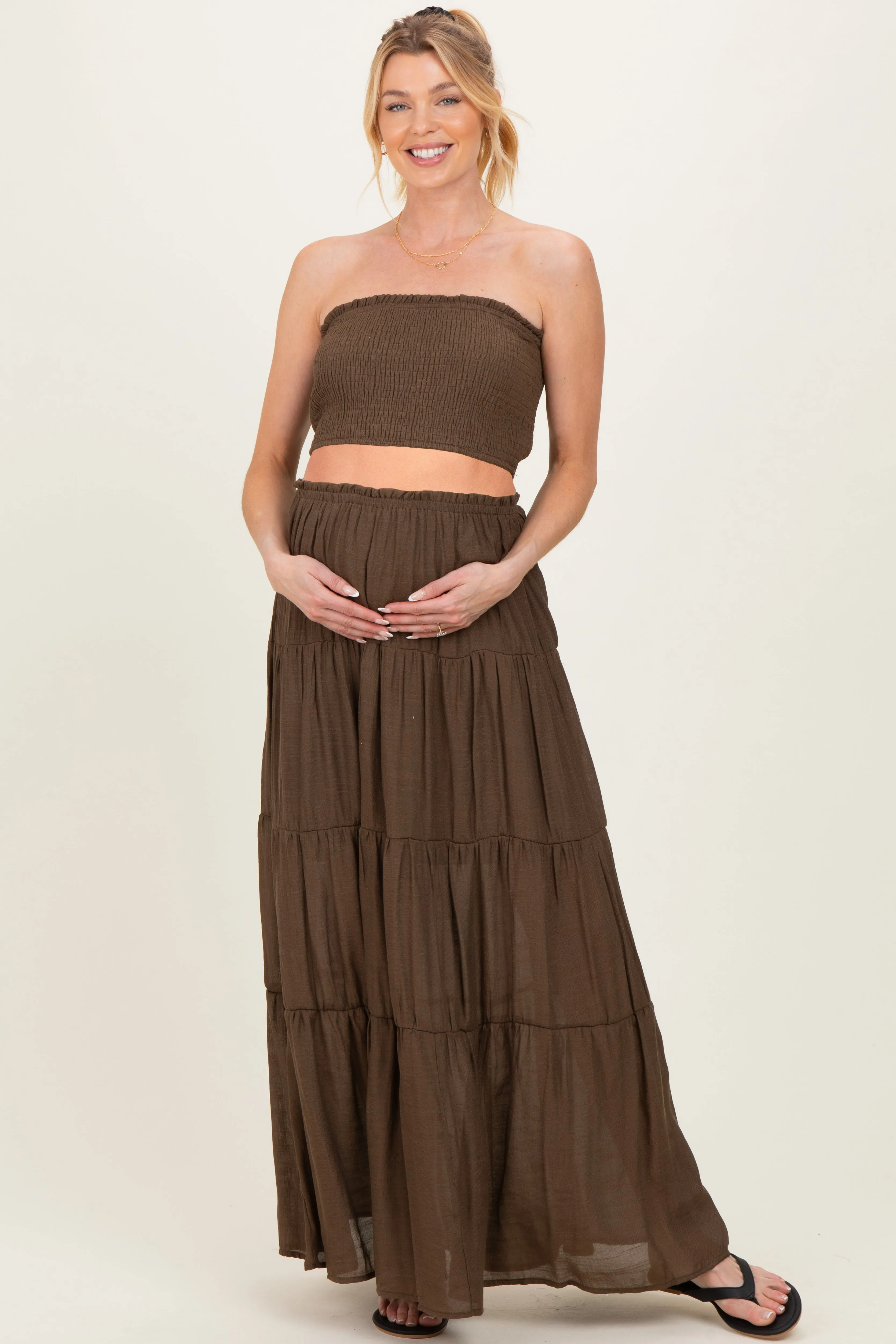 Chocolate Smocked Tube Top Tiered Skirt Maternity Set sold by Pinkblush