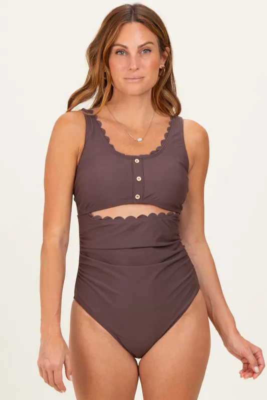 Brown Scalloped Cutout Ruched One Piece Swimsuit made by Pinkblush