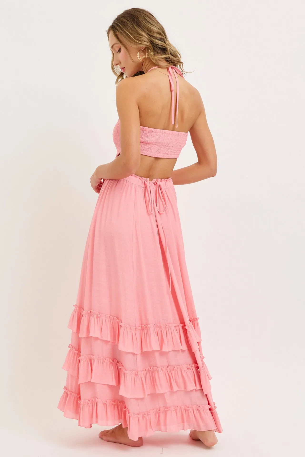 Pink Halter Smocked Ruffle Tier Hem Maxi Dress sold by Pinkblush product image thumbnail 3