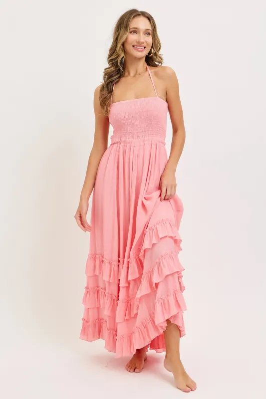 Pink Halter Smocked Ruffle Tier Hem Maxi Dress made by Pinkblush