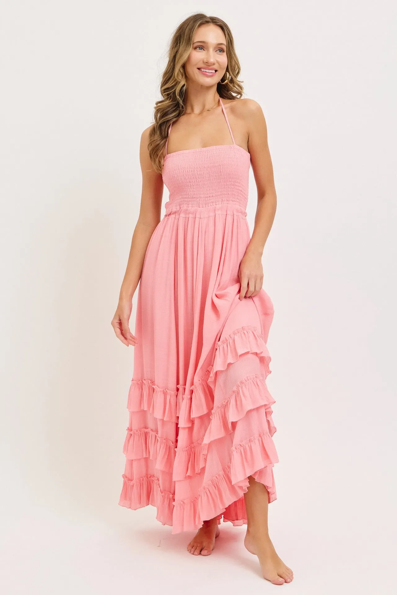Pink Halter Smocked Ruffle Tier Hem Maxi Dress sold by Pinkblush