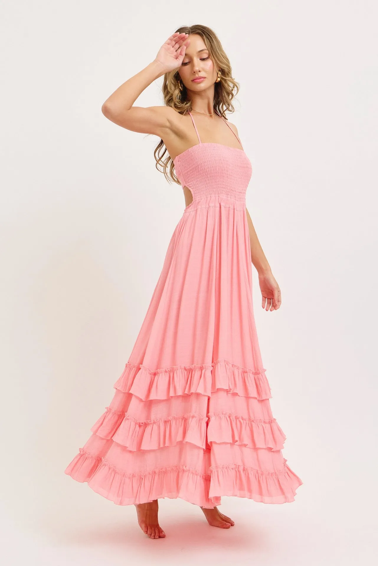 Pink Halter Smocked Ruffle Tier Hem Maxi Dress sold by Pinkblush product image thumbnail 2