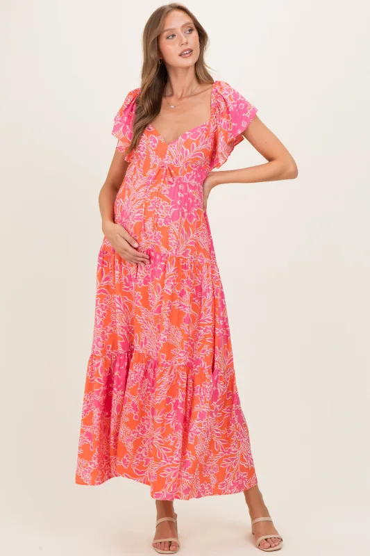Fuchsia Floral Waist Tie Open Back Maternity Maxi made by By Together