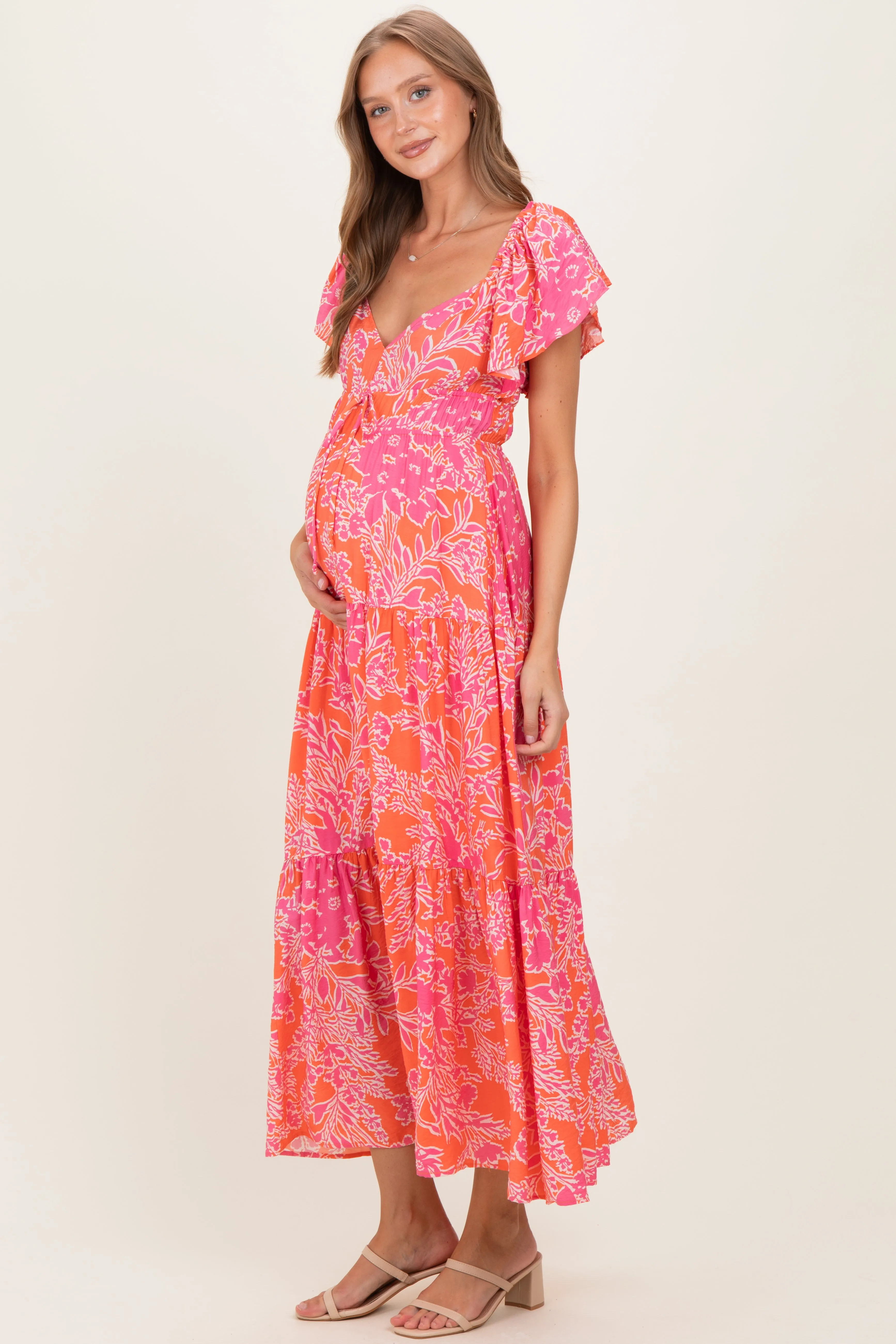 Fuchsia Floral Waist Tie Open Back Maternity Maxi sold by Pinkblush product image thumbnail 2