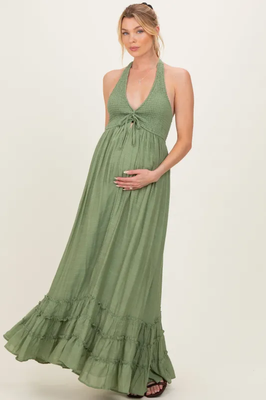 Sage Halter Neck Smocked Maternity Maxi Dress made by HYFVE