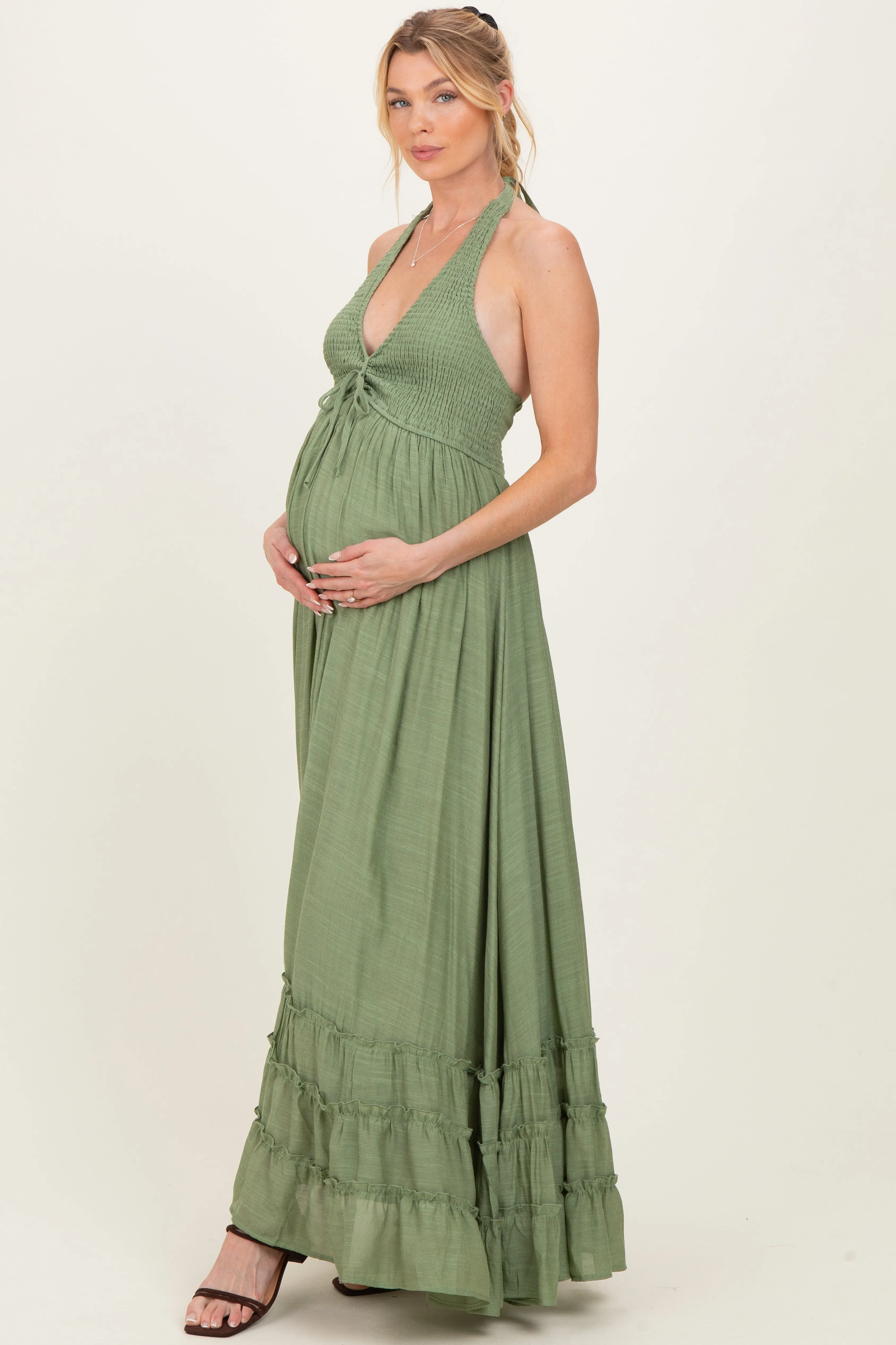 Sage Halter Neck Smocked Maternity Maxi Dress sold by Pinkblush product image thumbnail 2
