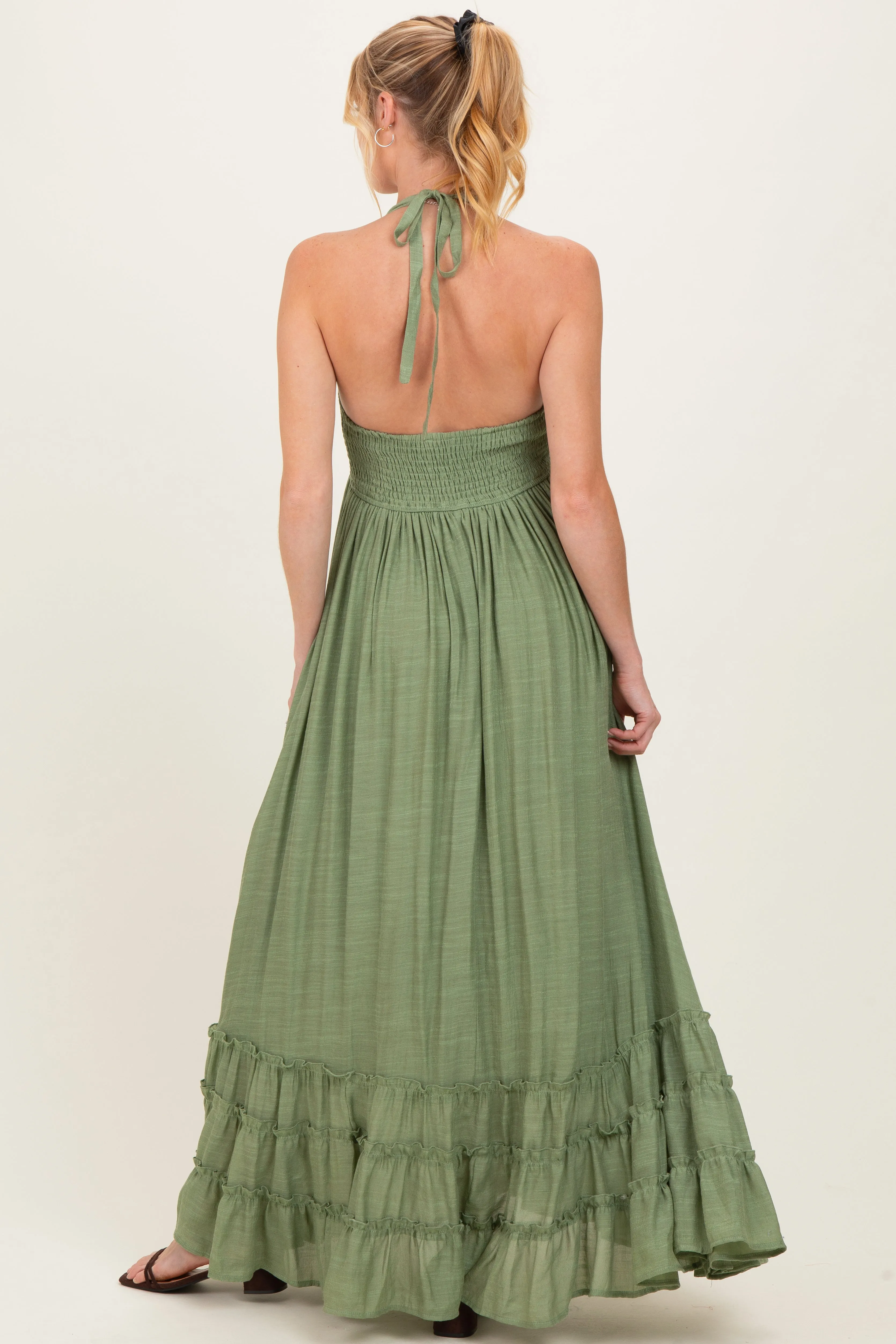Sage Halter Neck Smocked Maternity Maxi Dress sold by Pinkblush product image thumbnail 3