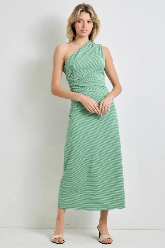 Green Striped One Shoulder Midi Dress sold by Pinkblush
