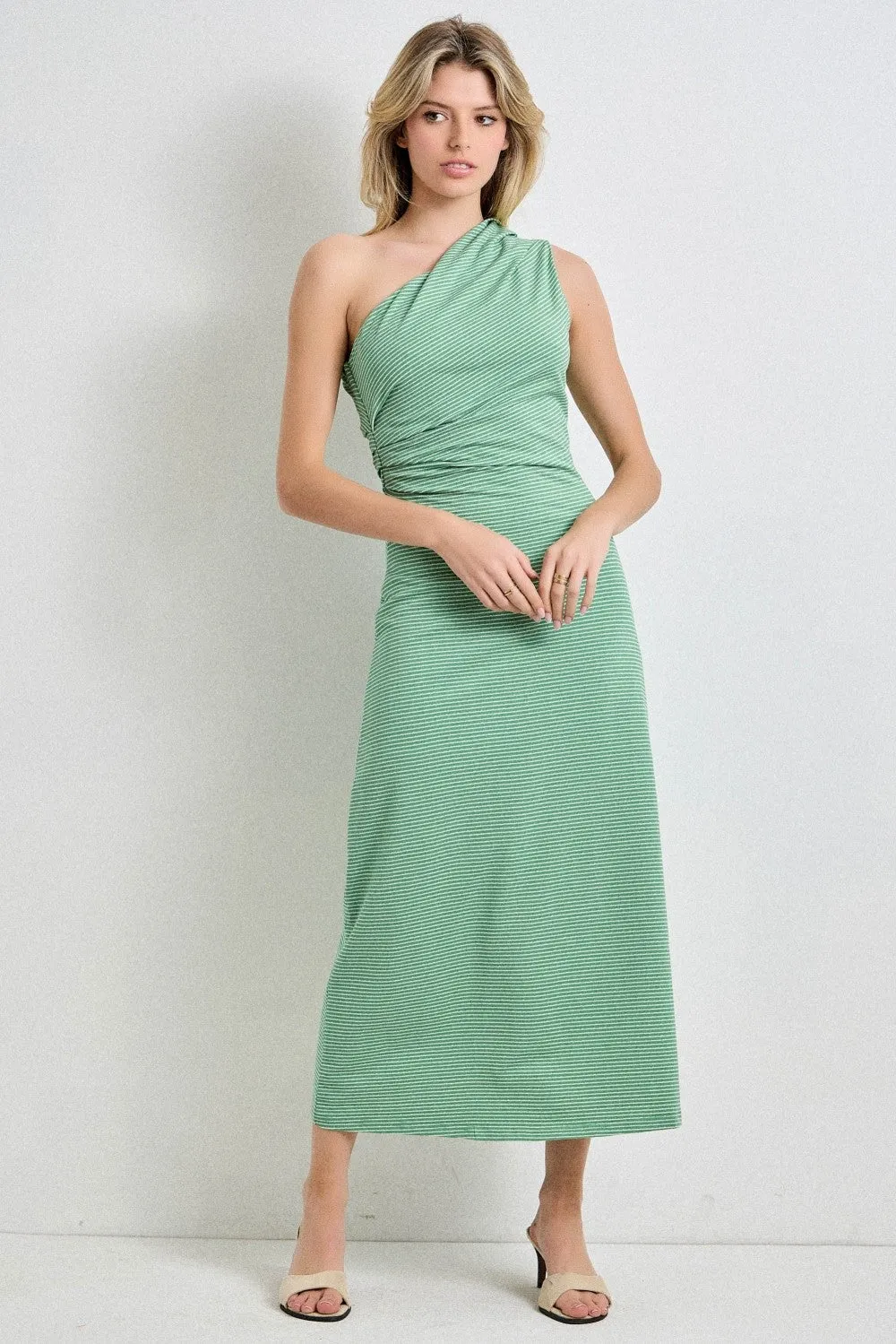 Green Striped One Shoulder Midi Dress sold by Pinkblush