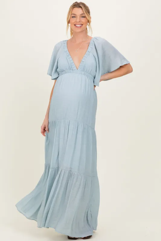 Light Blue Flutter Sleeve Maternity Maxi Dress made by HYFVE
