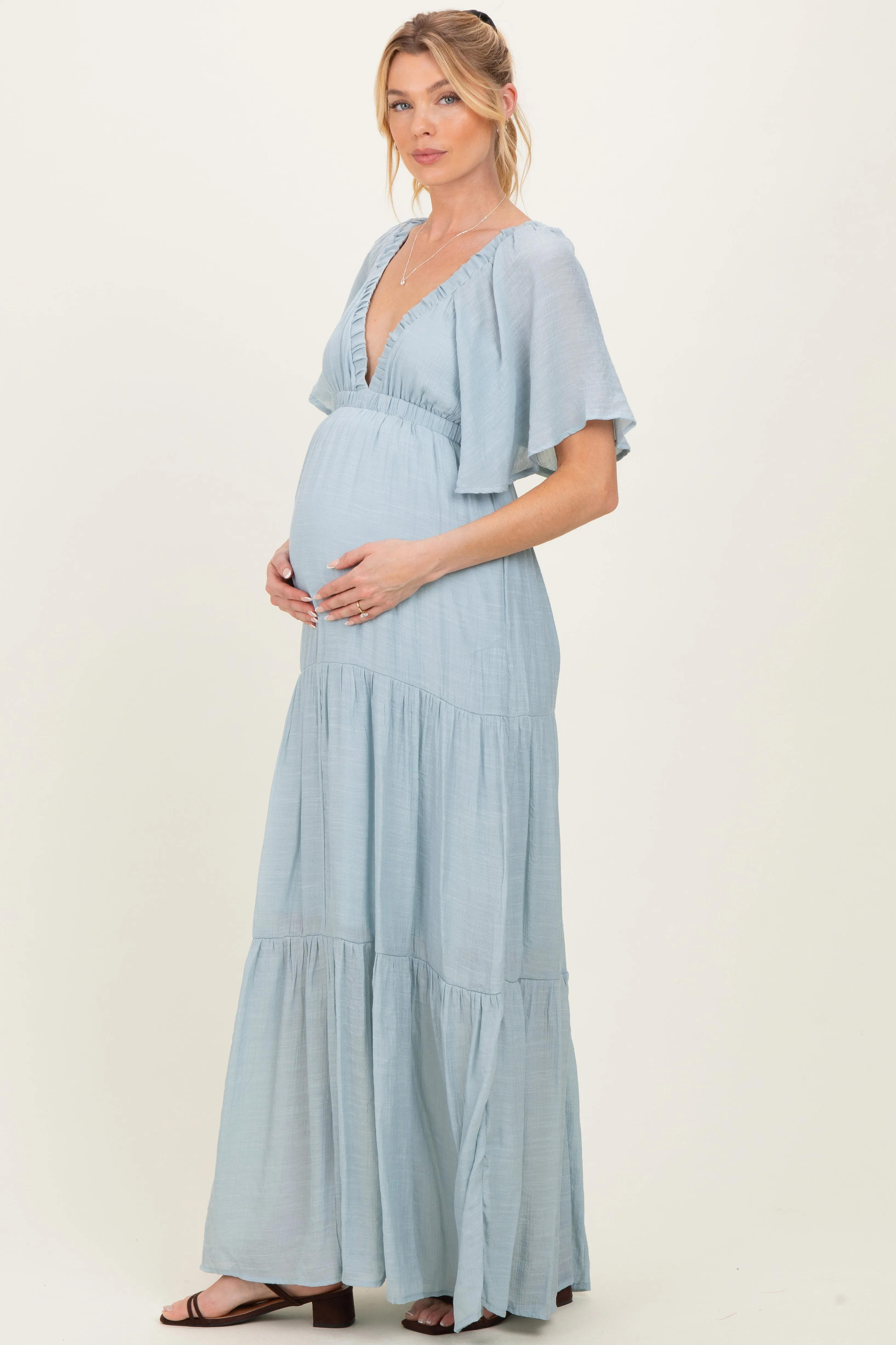 Light Blue Flutter Sleeve Maternity Maxi Dress sold by Pinkblush product image thumbnail 2