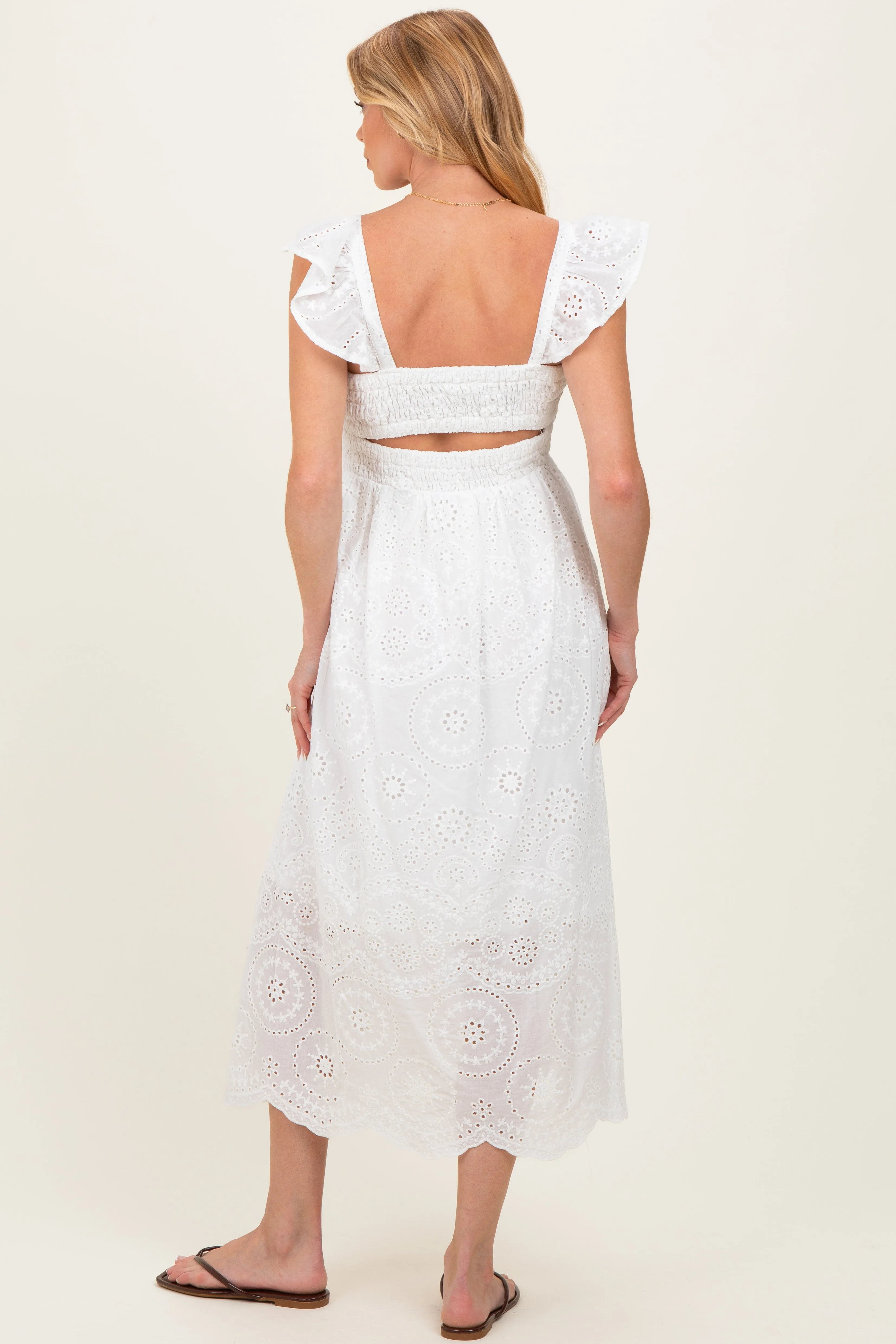 White Embroidered Smocked Cutout Maternity Midi Dress sold by Pinkblush product image thumbnail 3