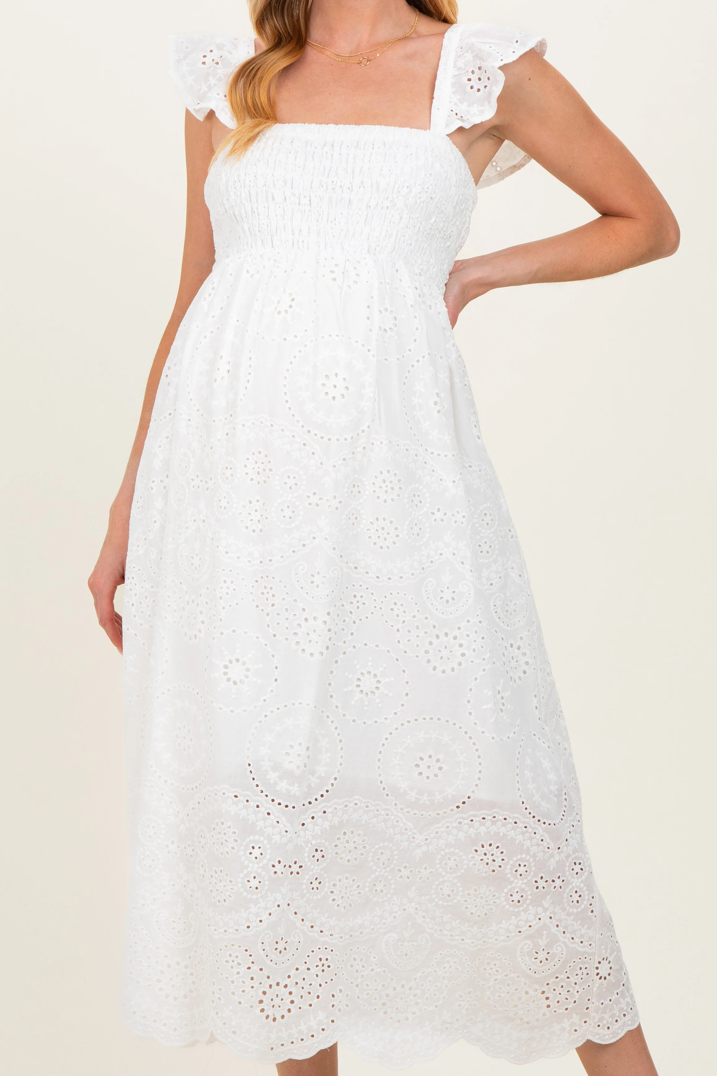 White Embroidered Smocked Cutout Maternity Midi Dress sold by Pinkblush product image thumbnail 4