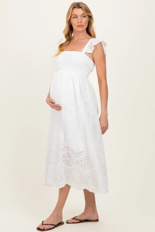 White Embroidered Smocked Cutout Maternity Midi Dress made by Pinkblush