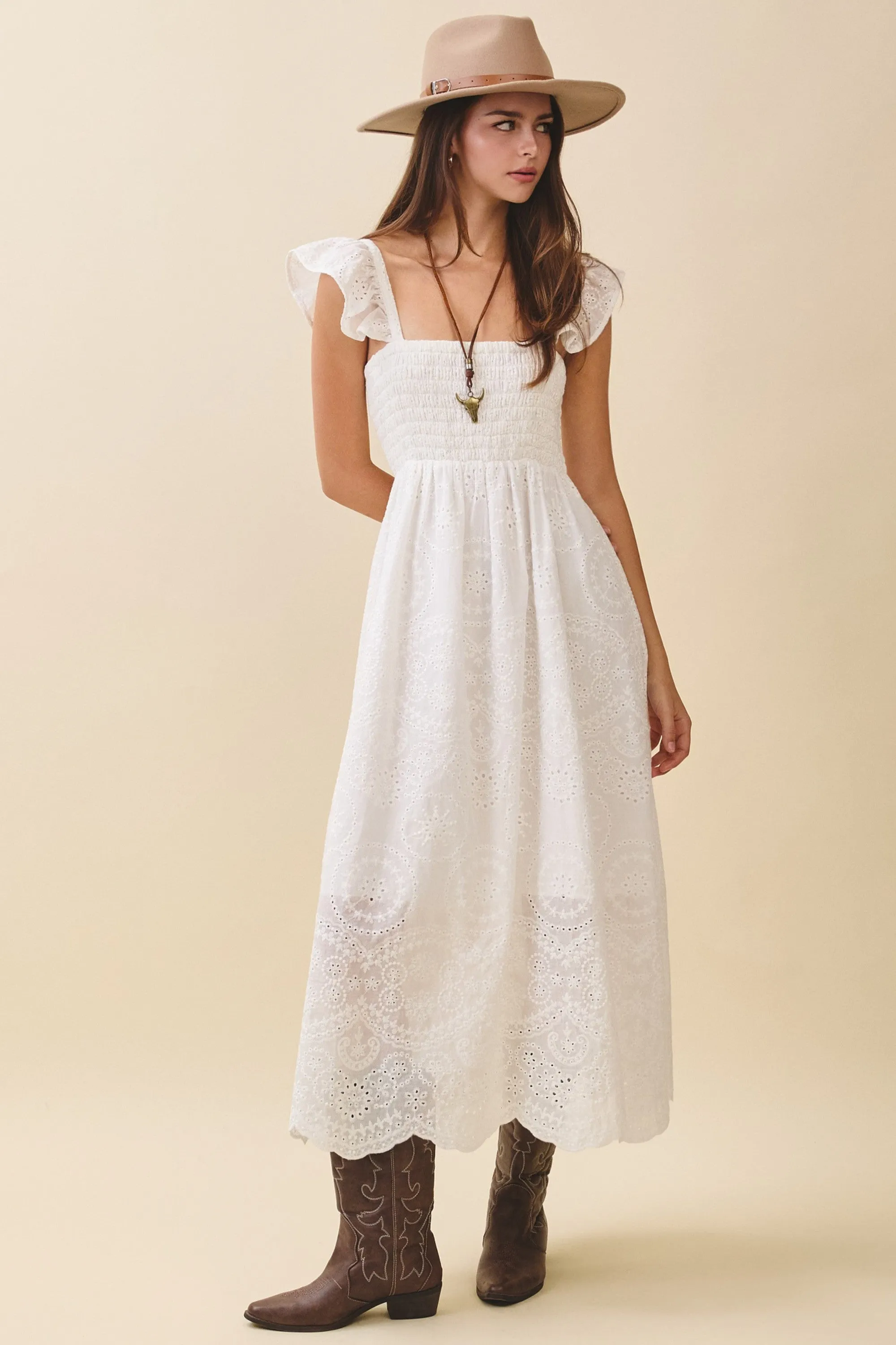 White Embroidered Smocked Cutout Maternity Midi Dress sold by Pinkblush product image thumbnail 5