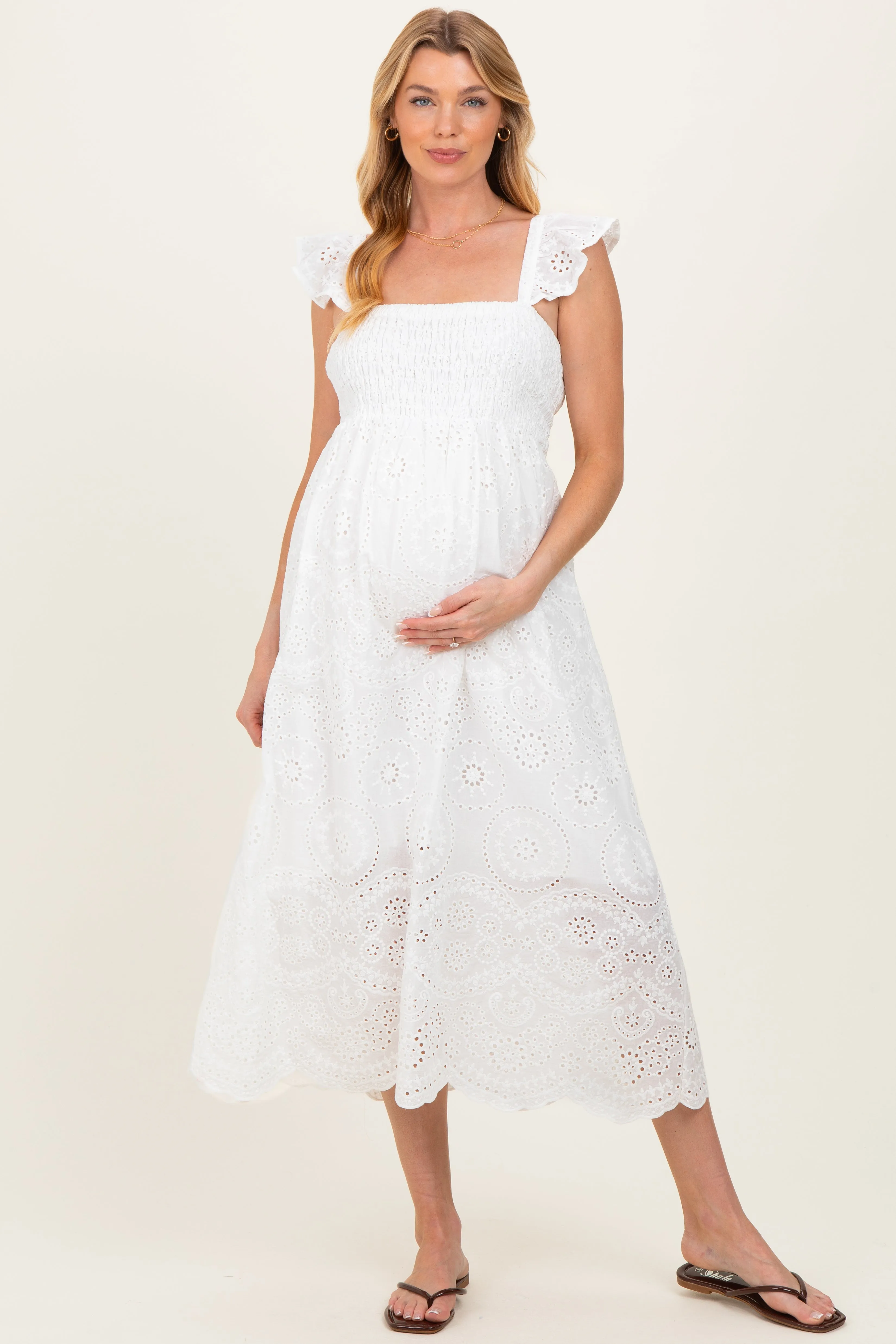 White Embroidered Smocked Cutout Maternity Midi Dress sold by Pinkblush product image thumbnail 2