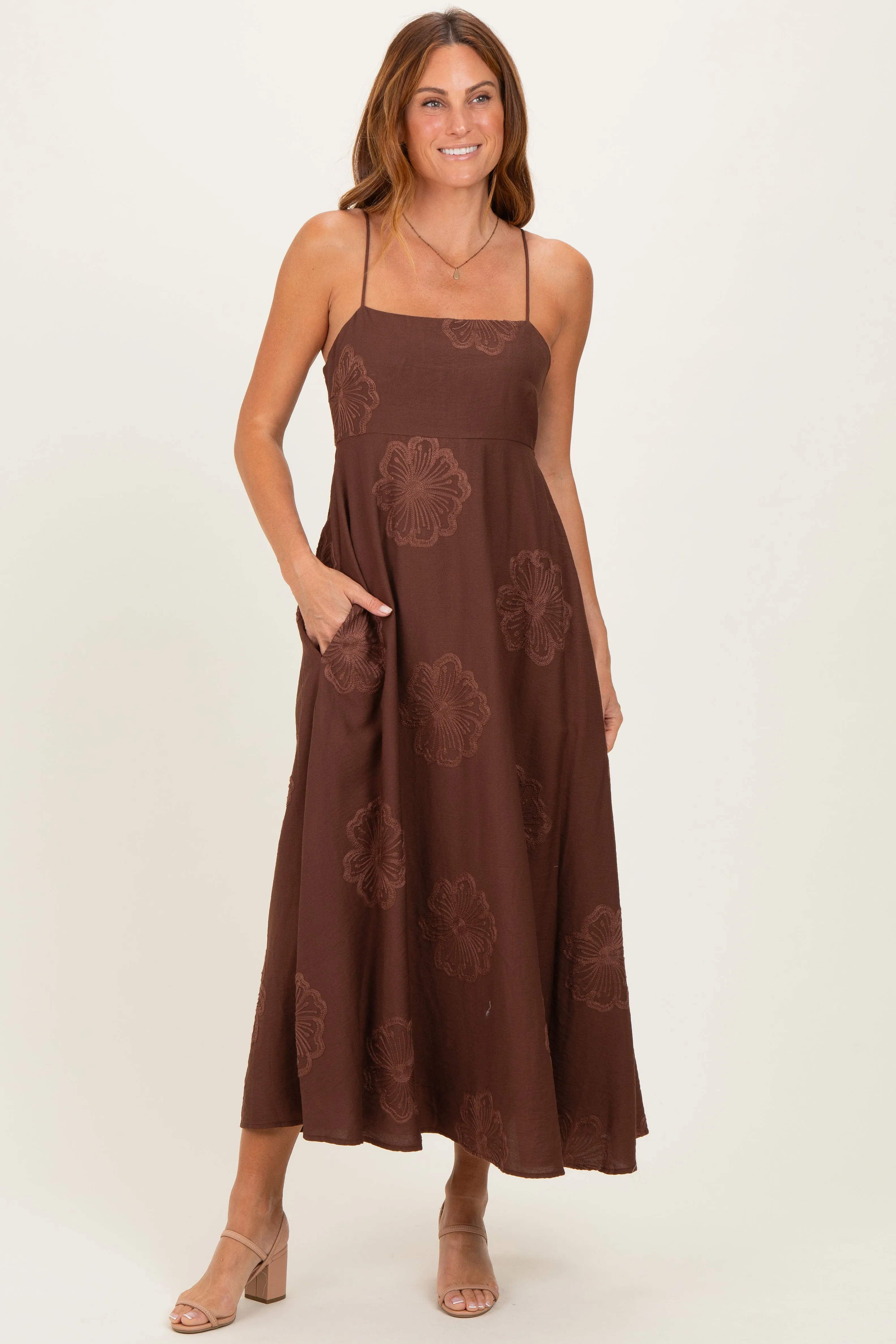 Mocha Flower Embroidered Maternity Midi Dress sold by Pinkblush product image thumbnail 3