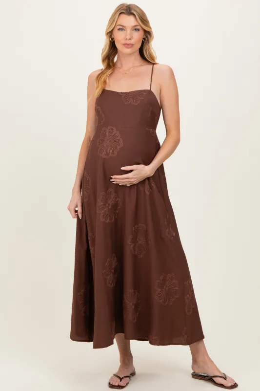 Mocha Flower Embroidered Maternity Midi Dress sold by Pinkblush