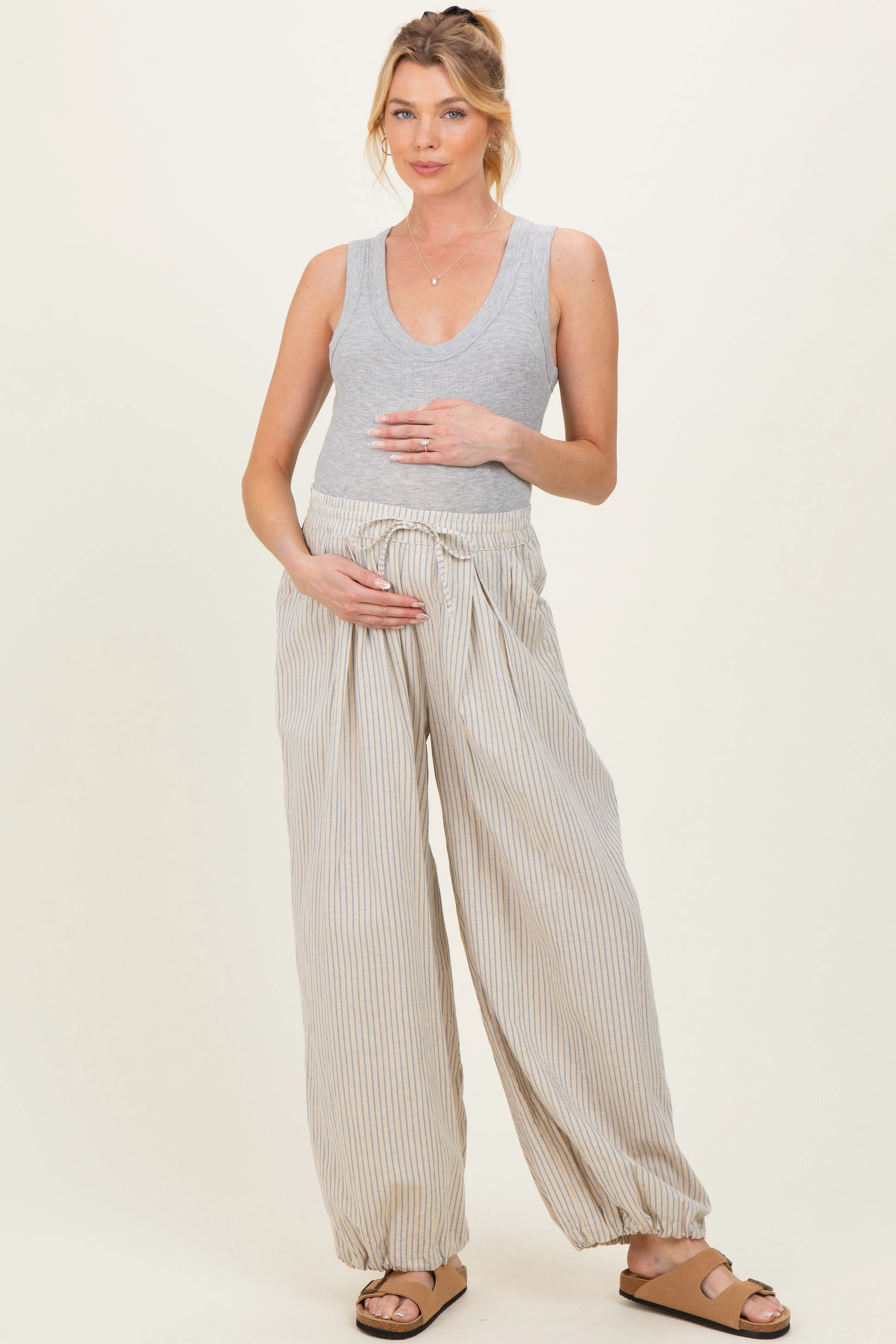 Light Blue Striped Balloon Maternity Pants sold by Pinkblush