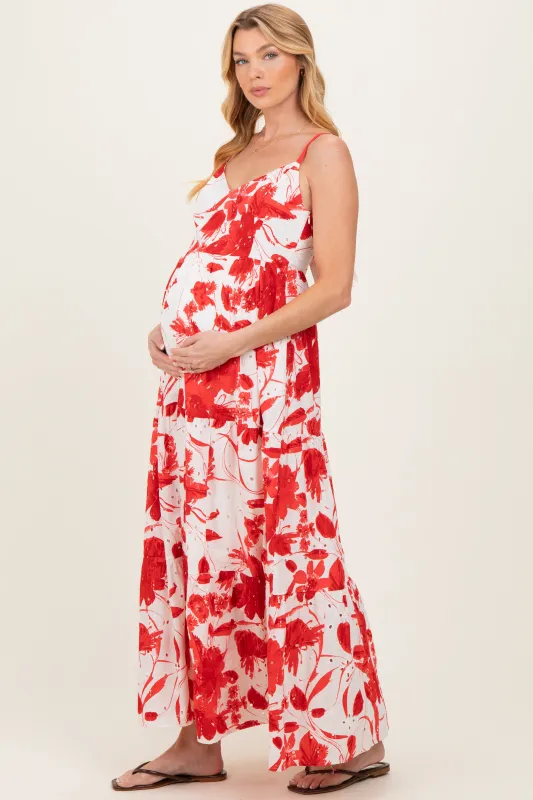 Red Floral Tiered Cutout Tie Back Maternity Maxi Dress made by Doe & Rae