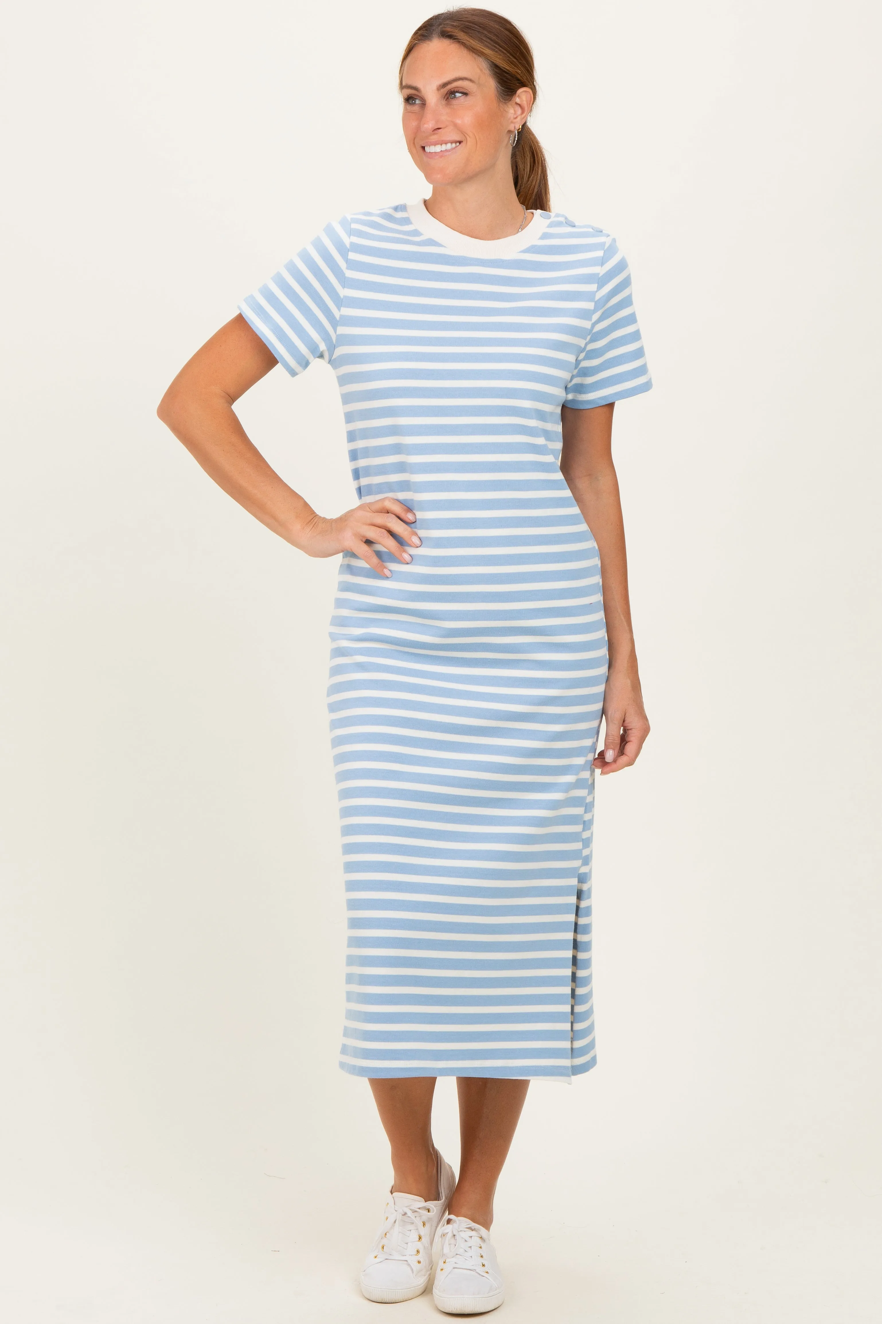 Light Blue Striped Short Sleeve Midi Dress sold by Pinkblush