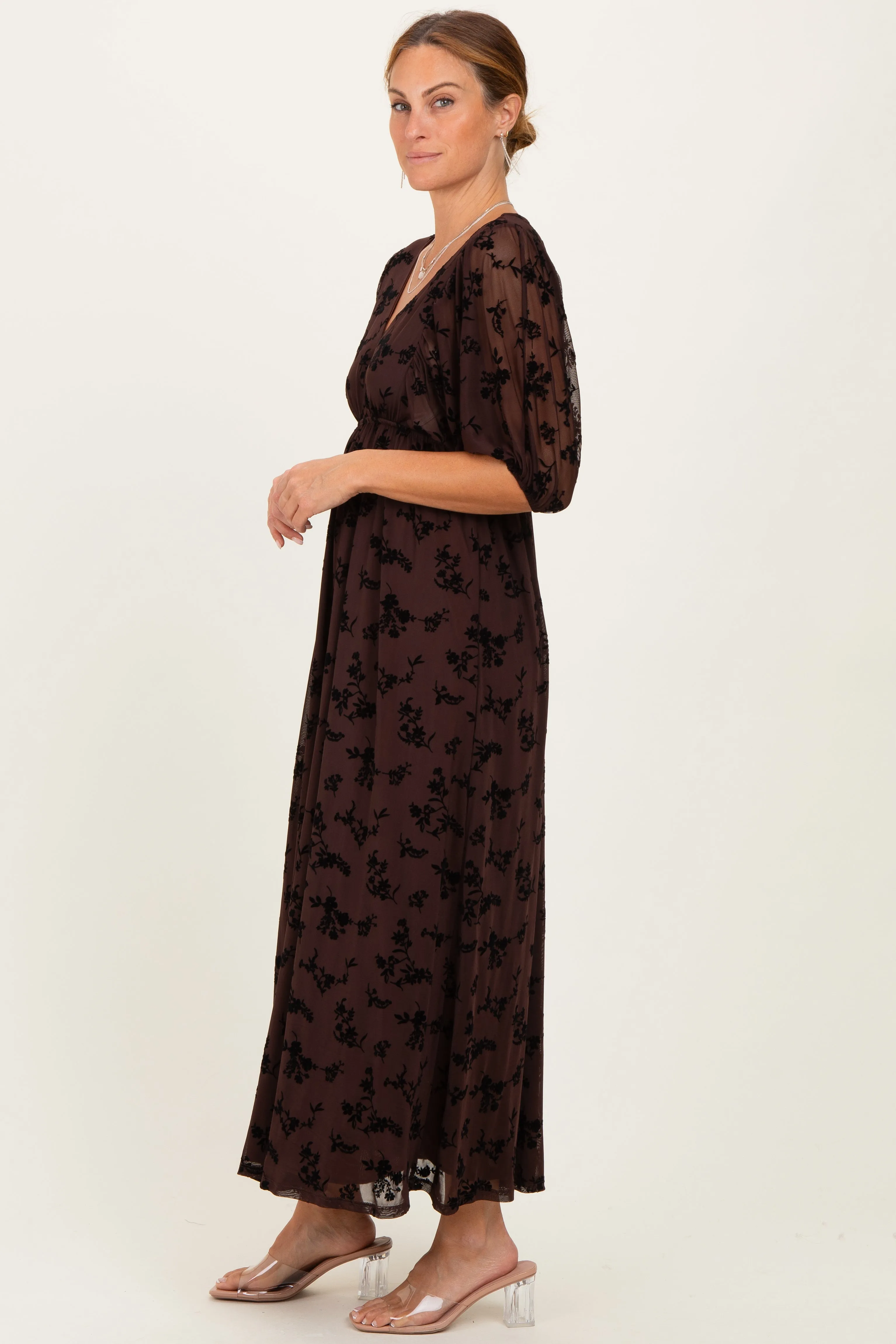 Brown Floral Mesh 3/4 Sleeve V-Neck Maxi Dress sold by Pinkblush product image thumbnail 3