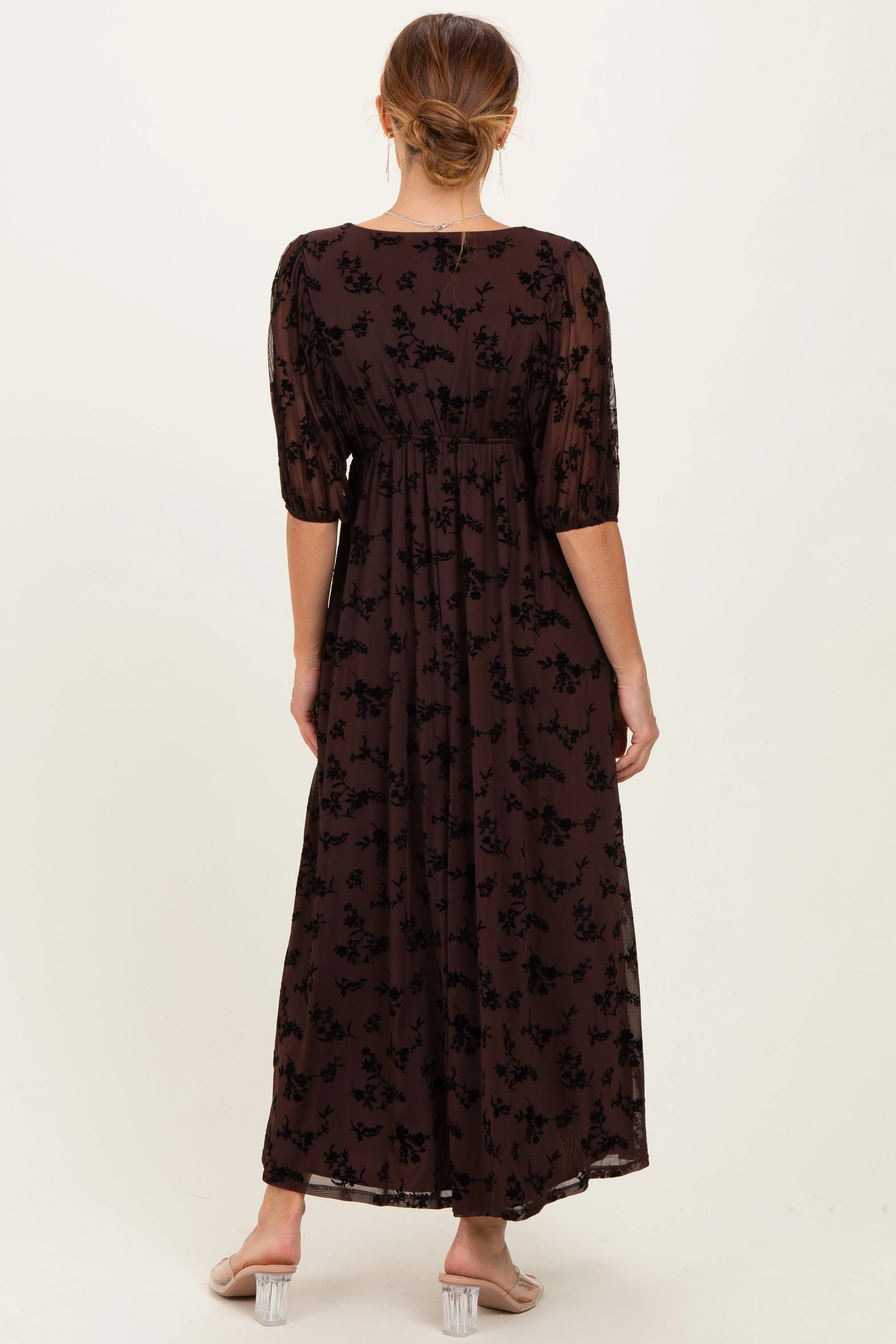 Brown Floral Mesh 3/4 Sleeve V-Neck Maxi Dress sold by Pinkblush product image thumbnail 4