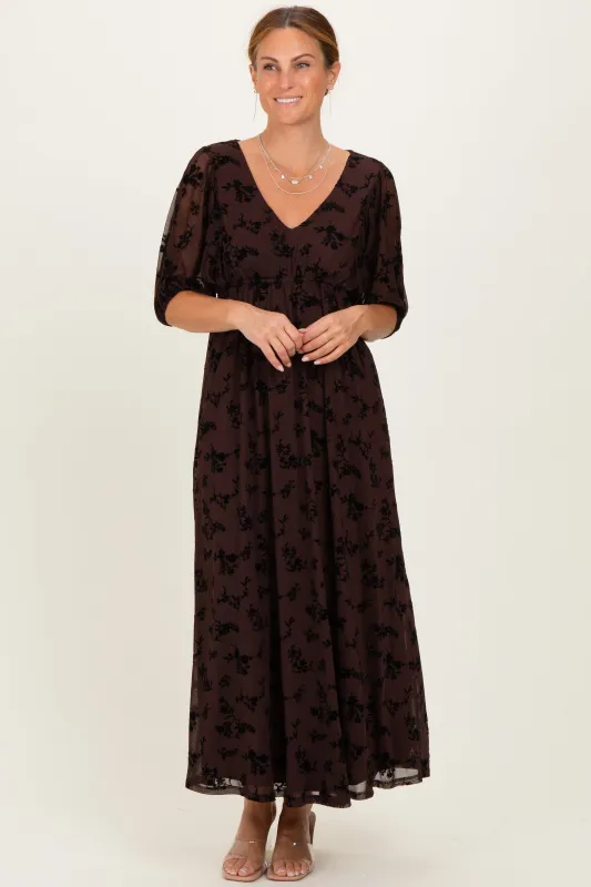Brown Floral Mesh 3/4 Sleeve V-Neck Maxi Dress made by Pinkblush