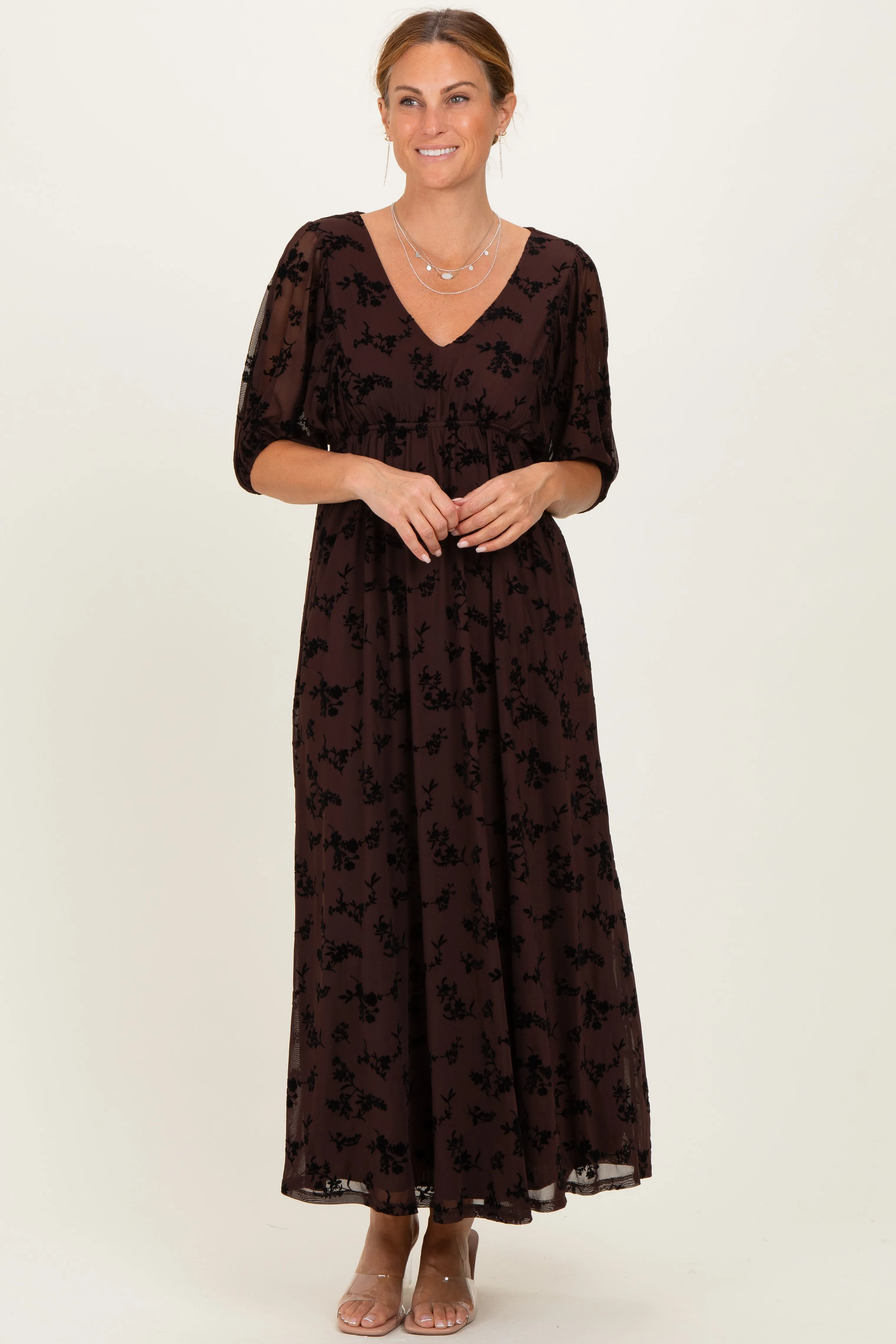 Brown Floral Mesh 3/4 Sleeve V-Neck Maxi Dress sold by Pinkblush